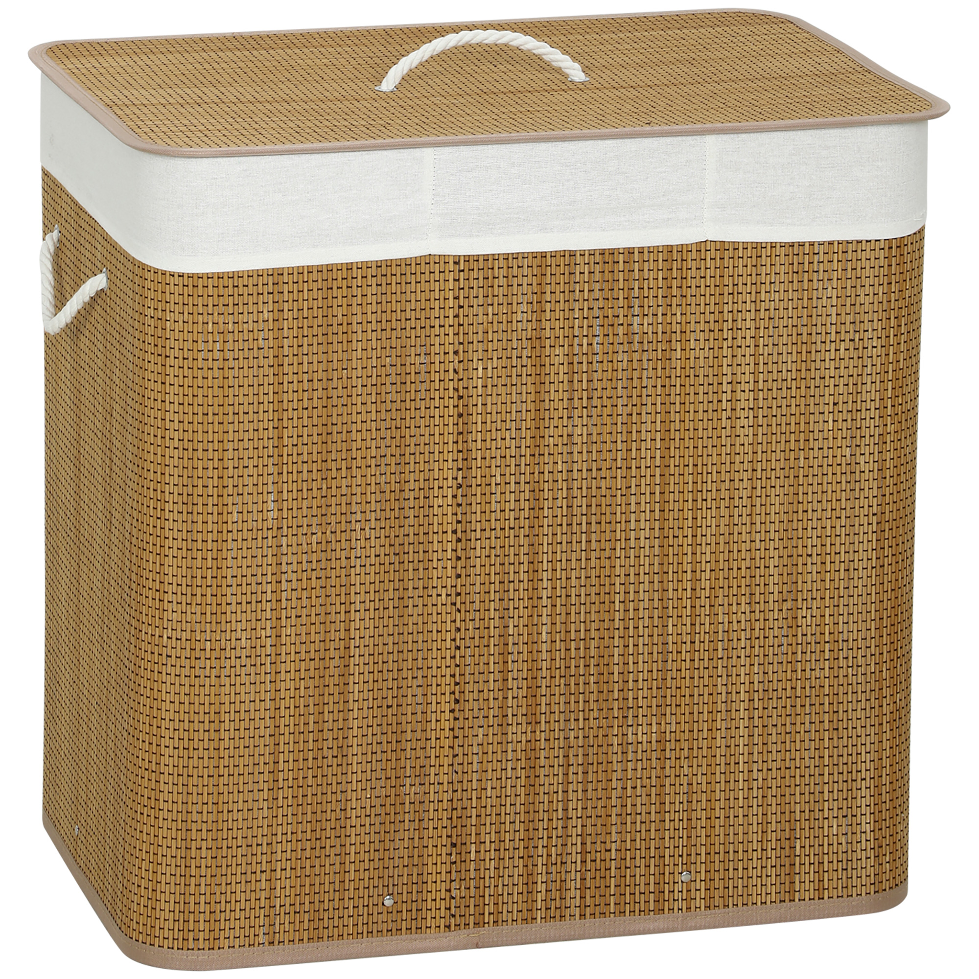 DUNSTER 144L Bamboo Laundry Basket with Lid, 3 Sections, Handles and Washable Liner - Brown