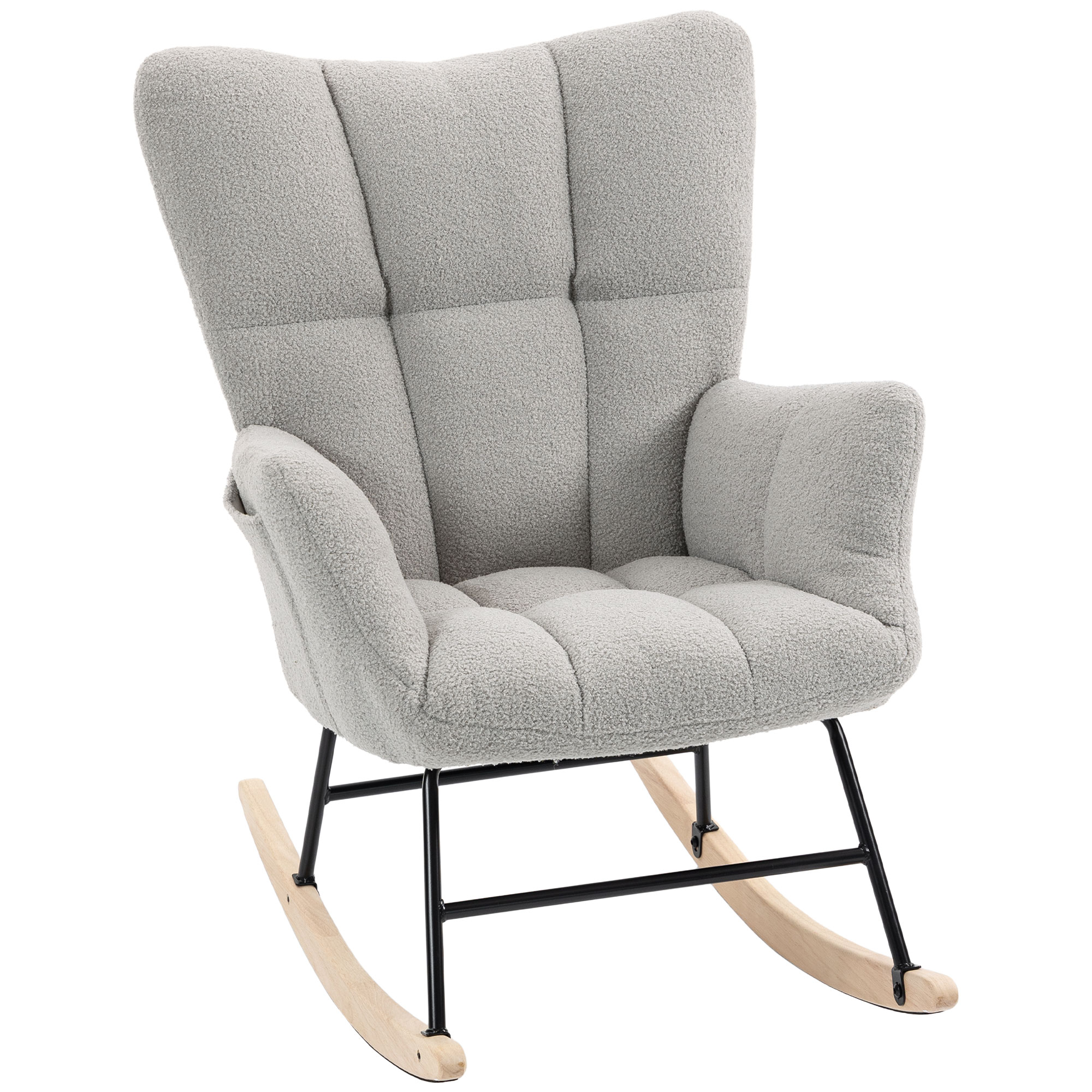 WILMSLOW Teddy Fleece Rocking Chair with Tufted Back, Side Pockets and Rubber Wood Legs - Light Grey
