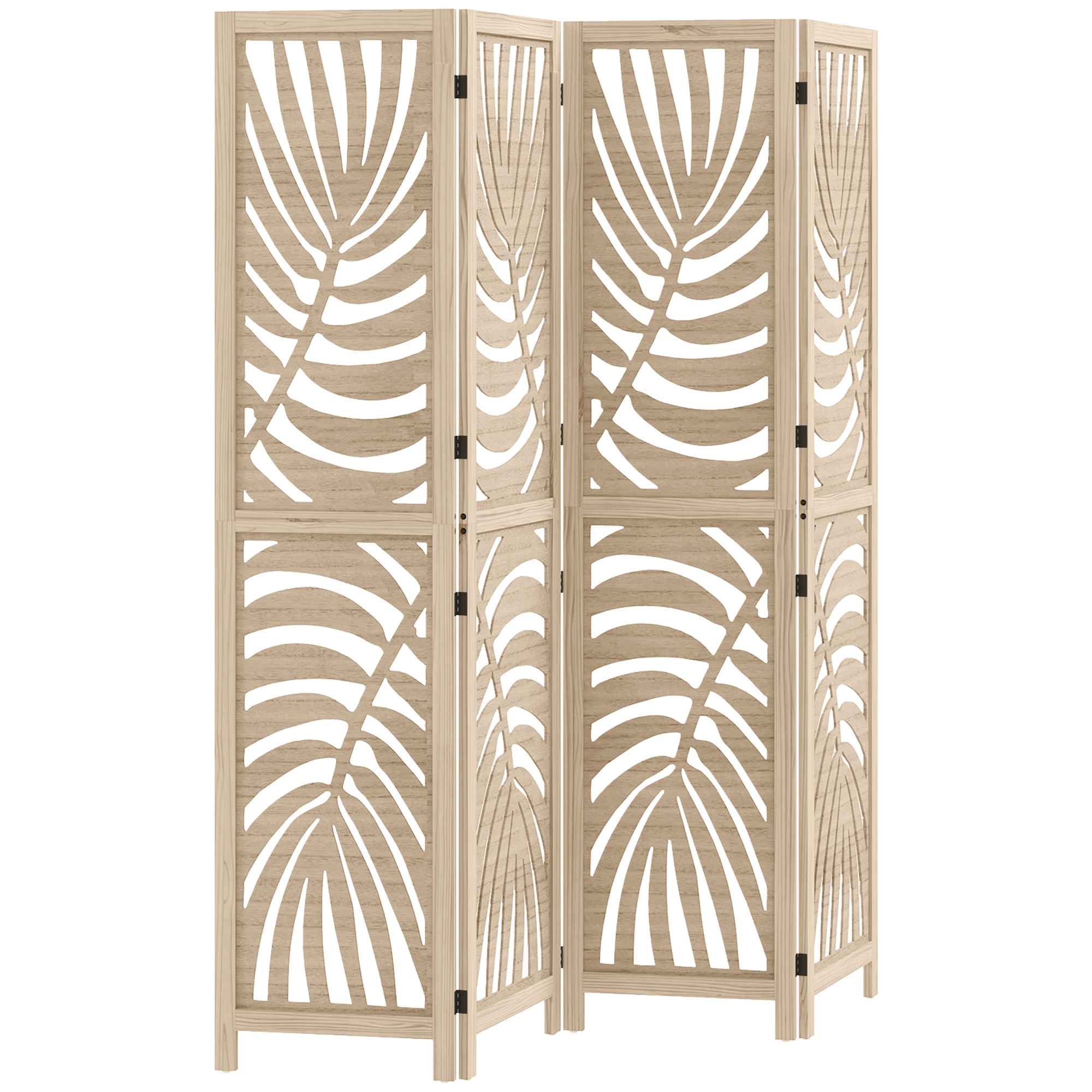 VORNCREST 4 Panel Folding Room Divider with Detachable Palm Leaf Privacy Screens - Natural Wood Finish