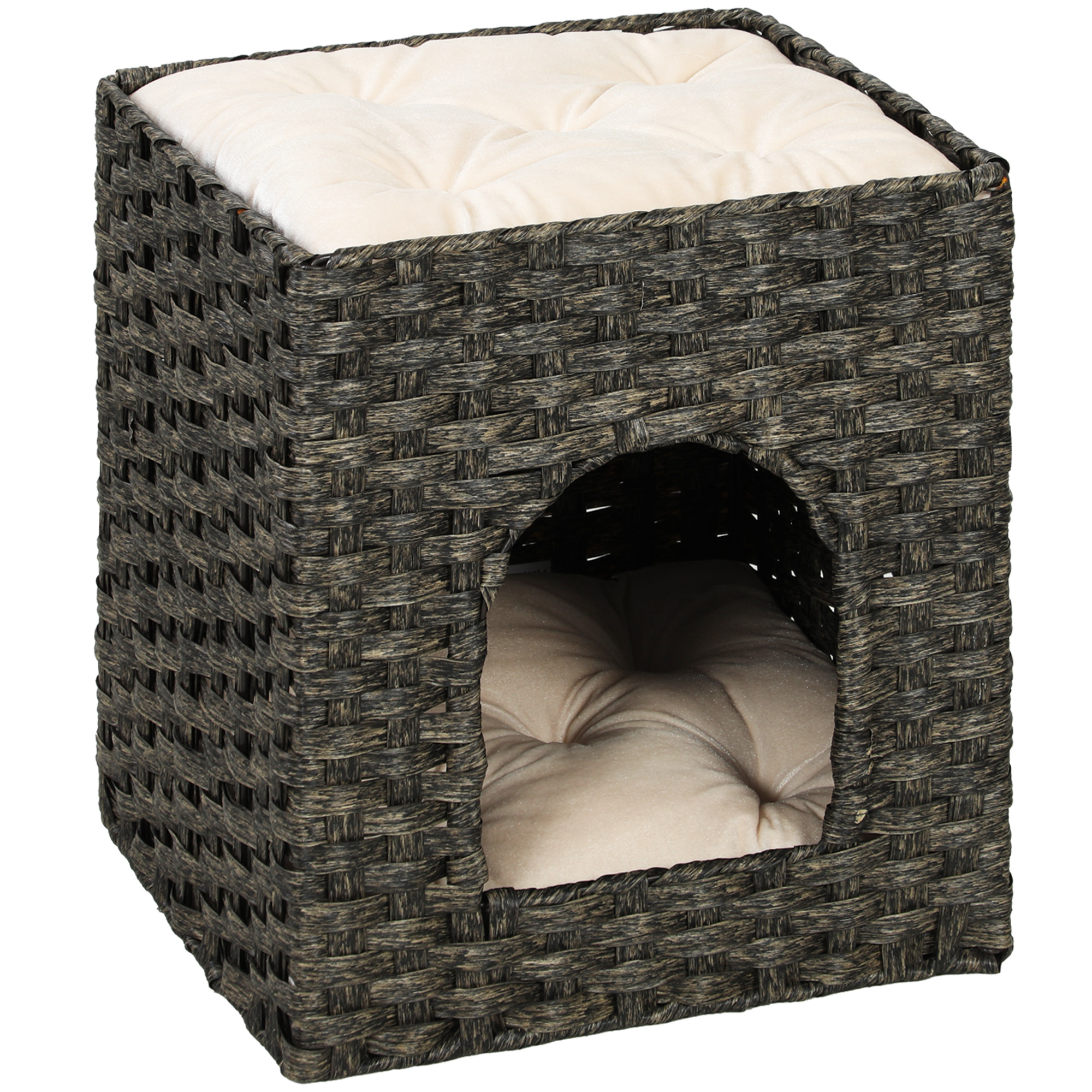 DEDDINGTON 2 Tier Handwoven Wicker Cat House with Washable Cushions - Grey and Beige