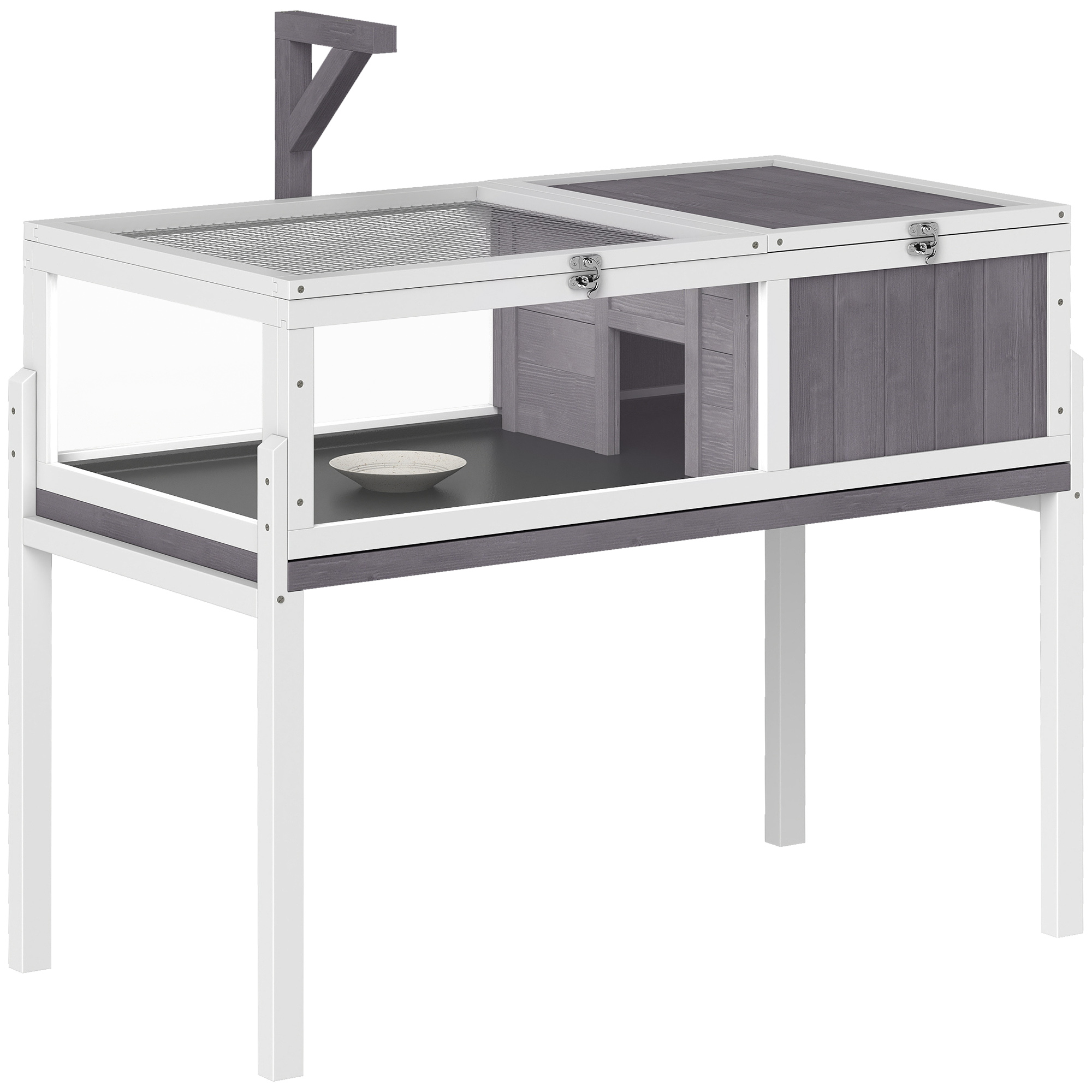 BODIAM Wooden Tortoise House with Dual Zone Habitat, Clear Panels and Openable Mesh Top - White and Grey