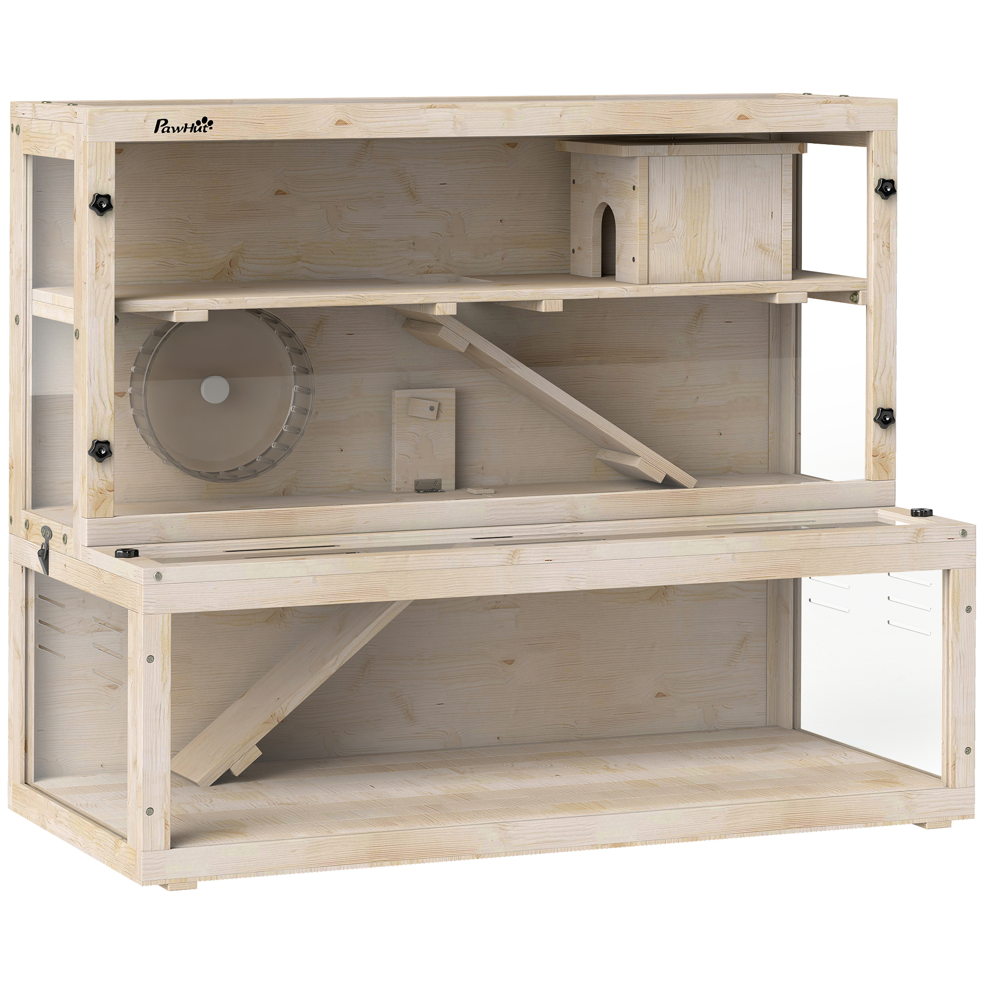 OAKTHOR 100 x 50 x 84 cm Wooden Hamster Cage with Hut, Wheel, Ramps and Viewing Panels - Natural