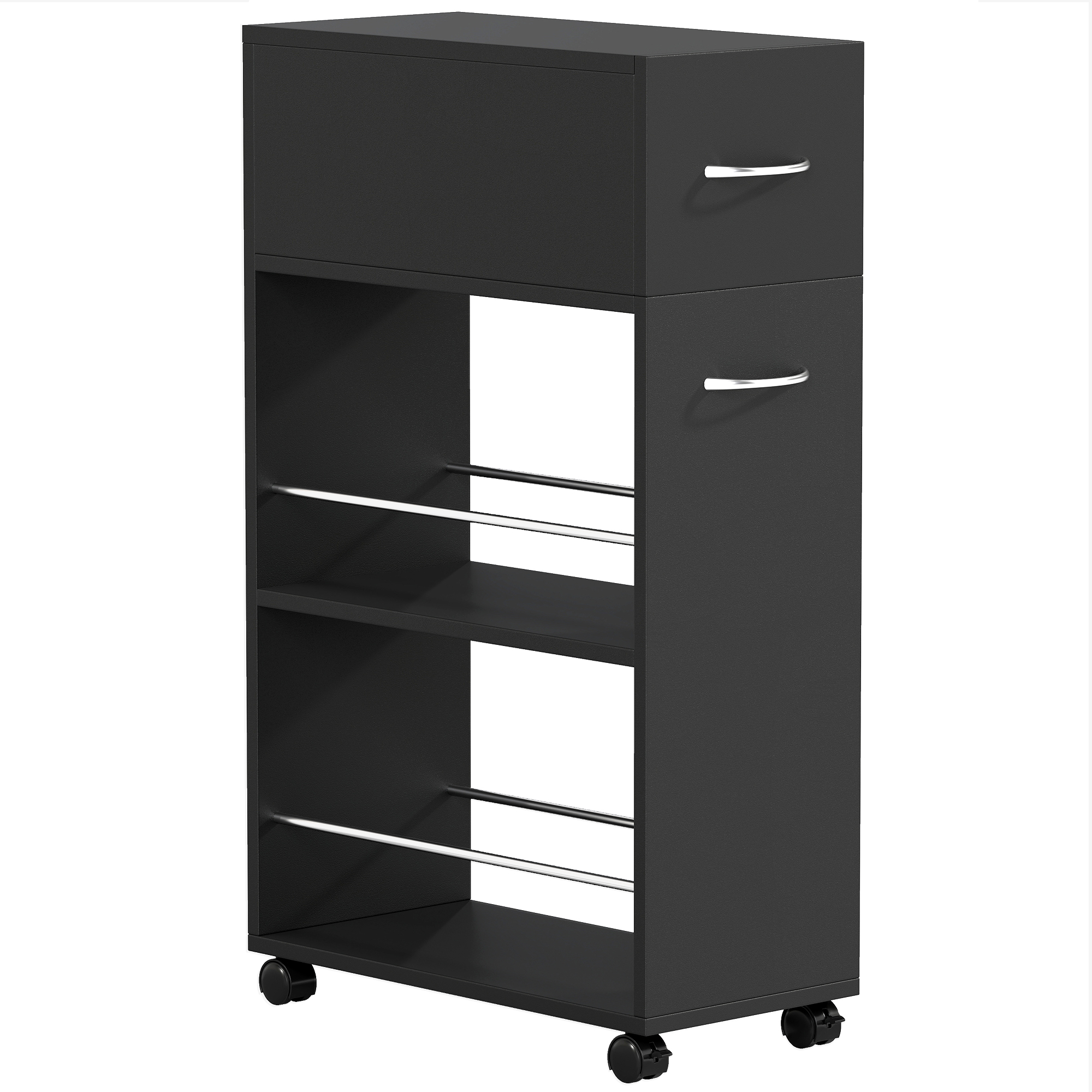 BRADFIELD 3 Tier Rolling Kitchen Storage Trolley with Drawer, Worktop and 4 Wheels - Black
