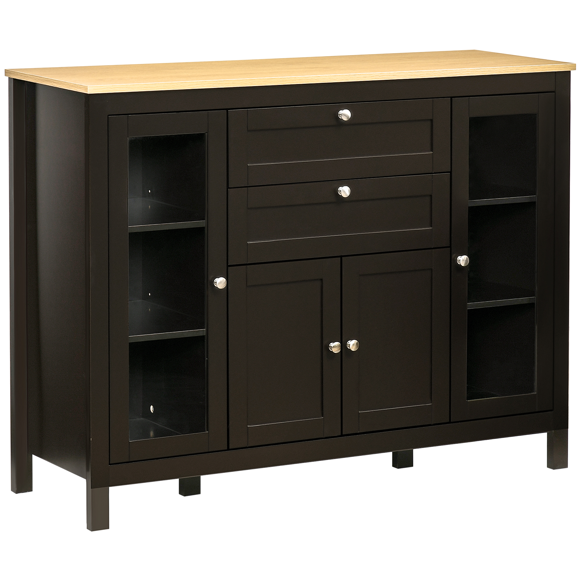 BRIDGFORD Sideboard Storage Cabinet with Oak Top, 4 Doors, 2 Drawers and 5 Adjustable Shelves - Black Brown and Oak