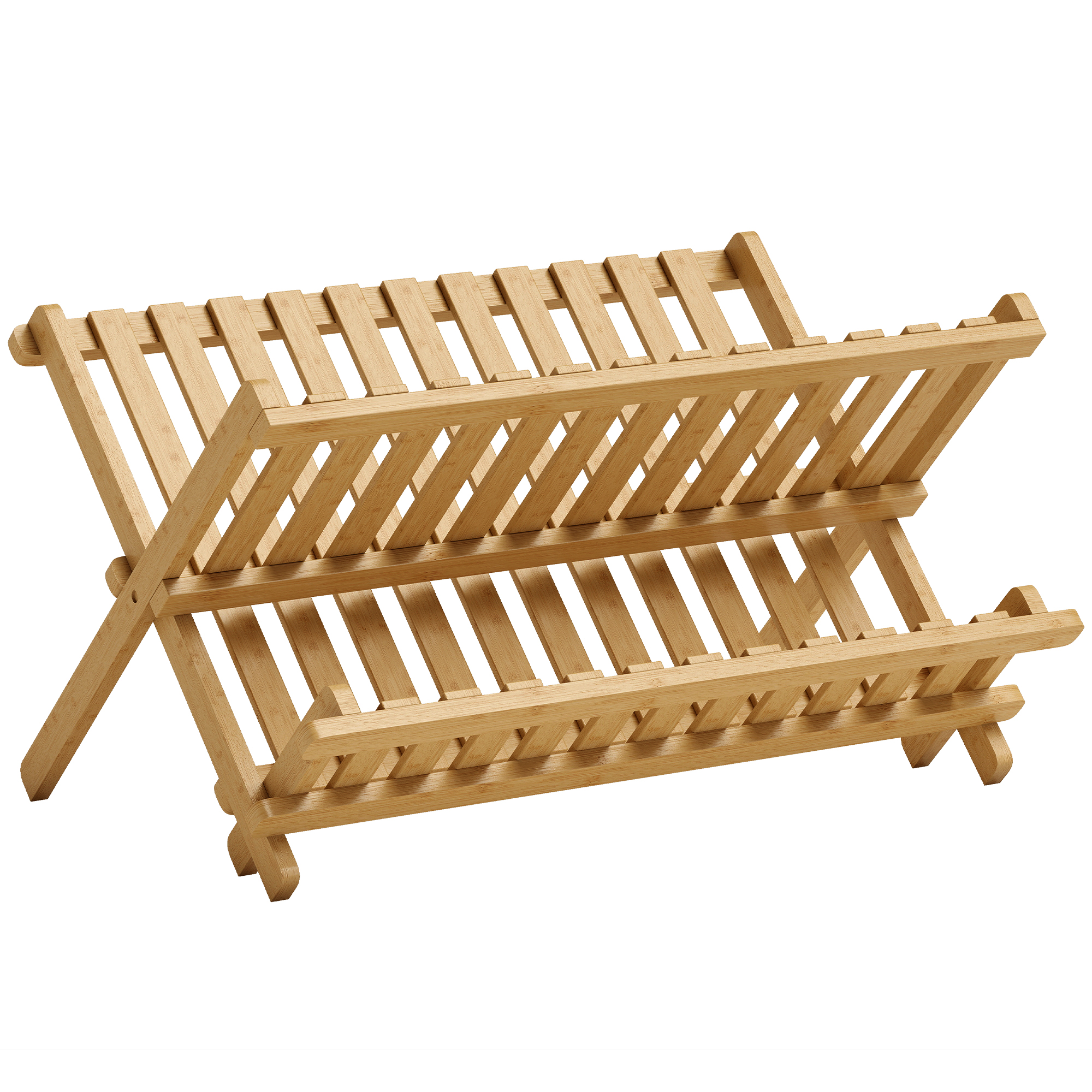 BRIDGEWATER 2 Tier Foldable Kitchen Storage Rack with Slatted Draining Shelves - Natural Wood Finish
