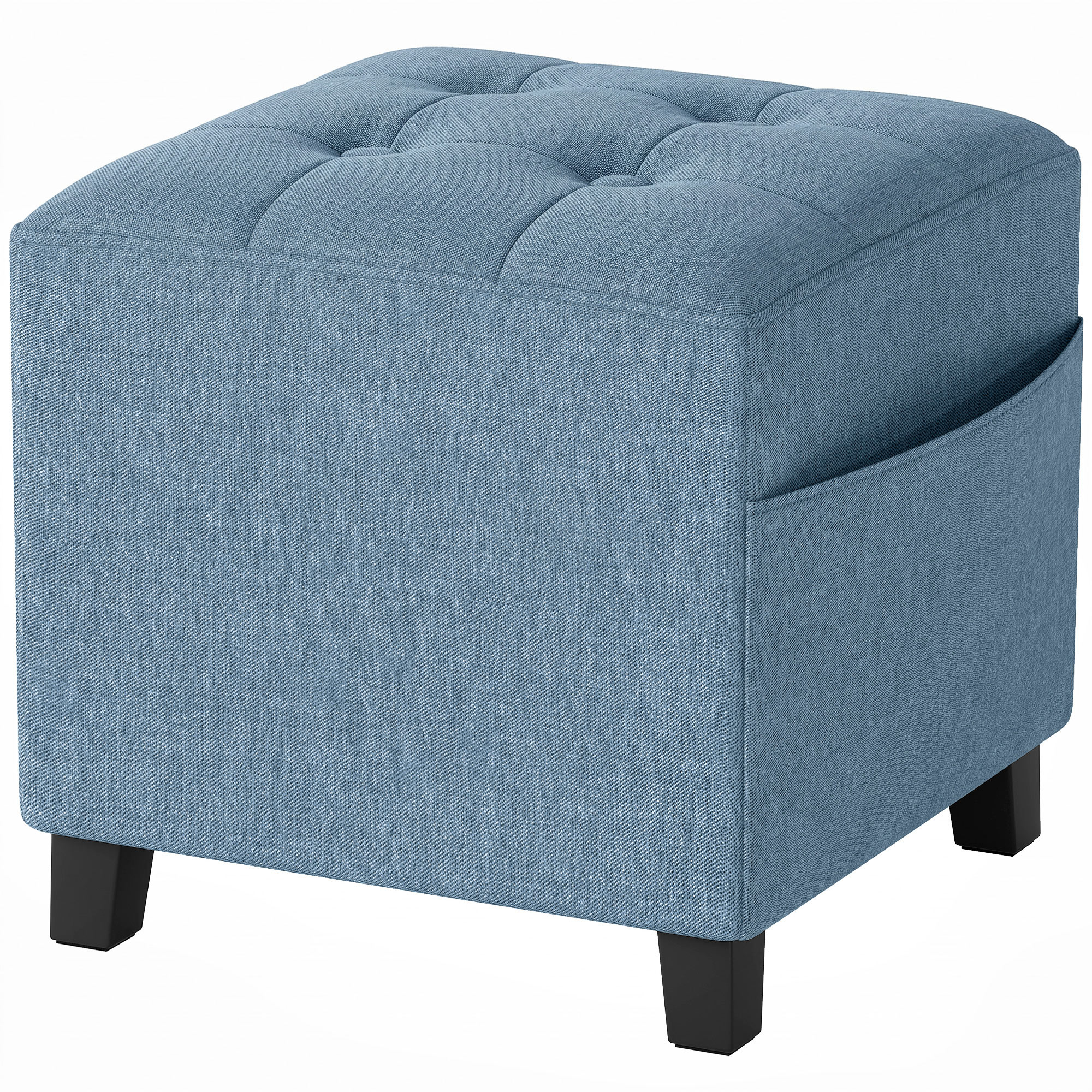 KALEN Small Square Ottoman Footstool with Side Pocket, Wood Legs and Padded Seat - Dark Blue
