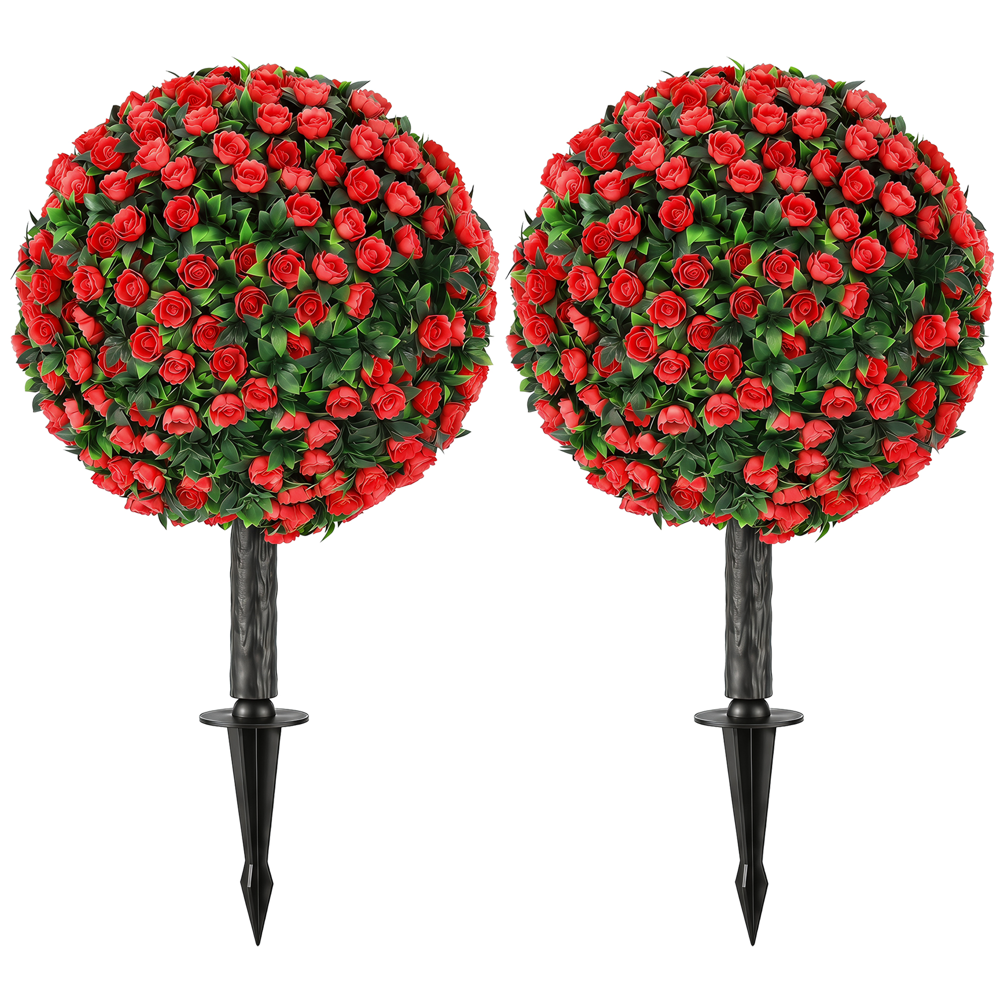 KIMBOLTON Set of 2 UV Resistant Artificial Rose Topiary Plants, 55 cm Tall - Red