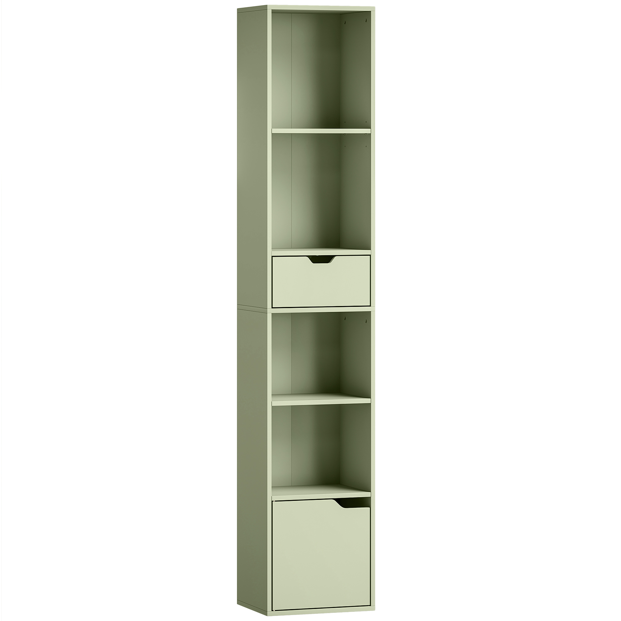 DRAXMERE 6 Tier Tall Narrow Bookcase with Drawer and Cupboard Door - Green