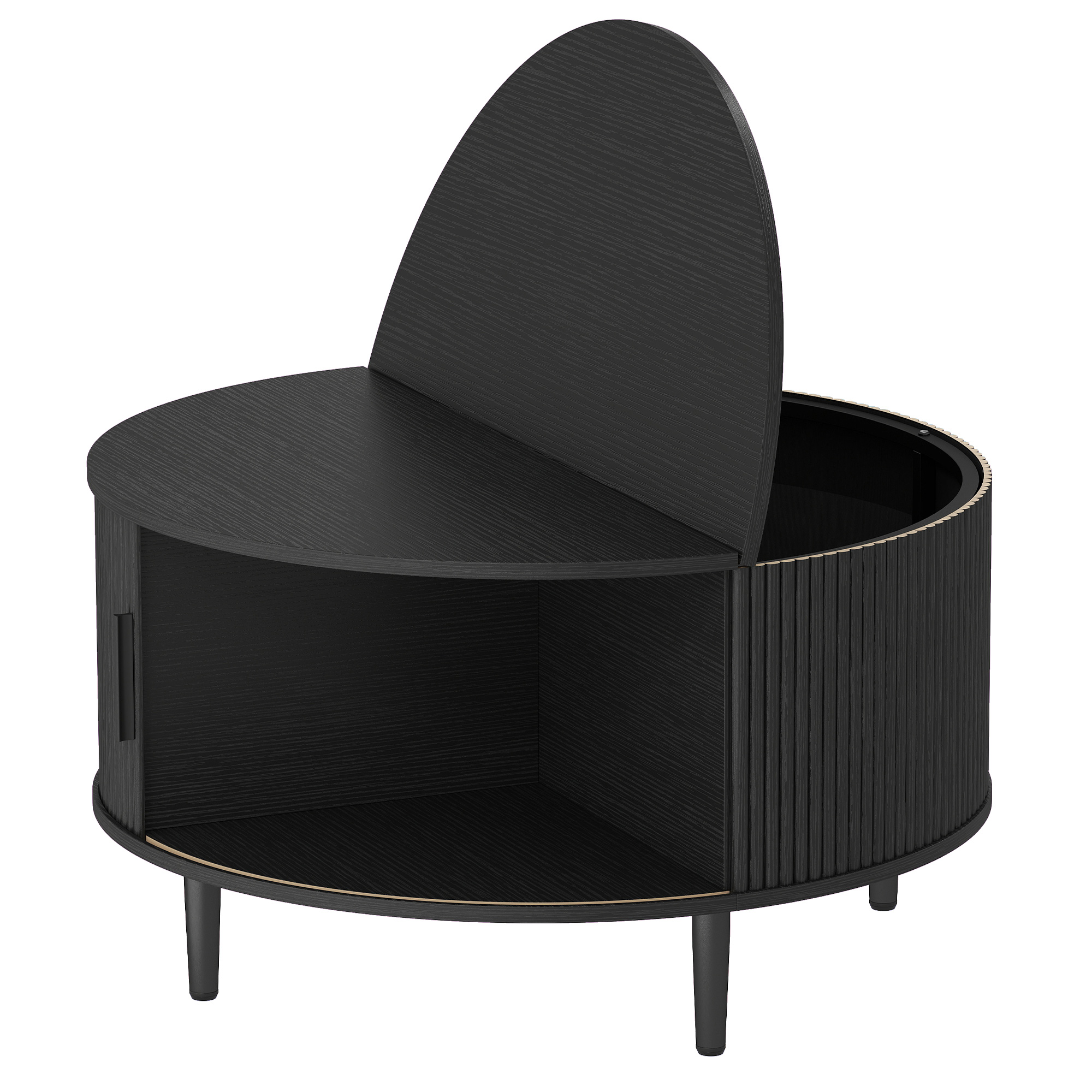 RUISLIP 80 cm Round Lift Top Coffee Table with Hidden Storage and Fluted Sliding Door - Black Wood Effect