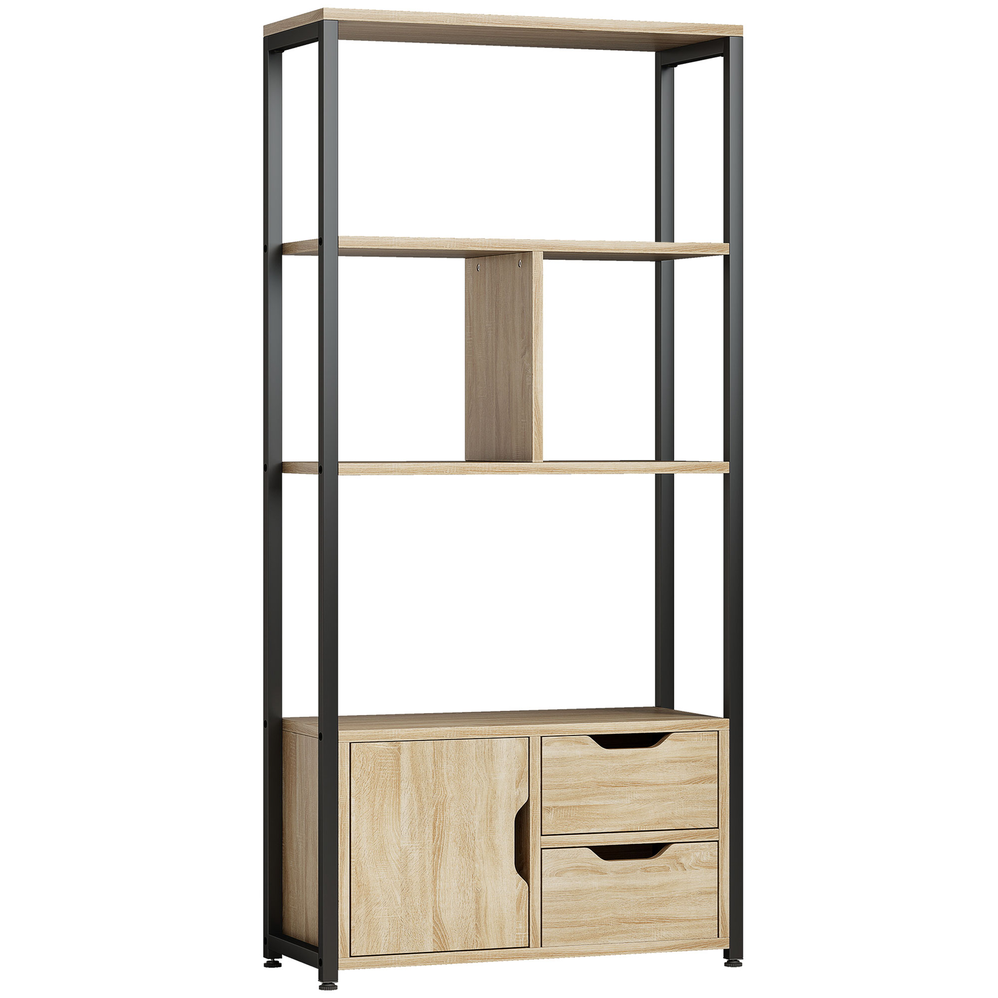 HAVANT 4 Tier Bookcase with Cabinet and 2 Drawers for Living Room or Bedroom - Black and Natural Wood Effect