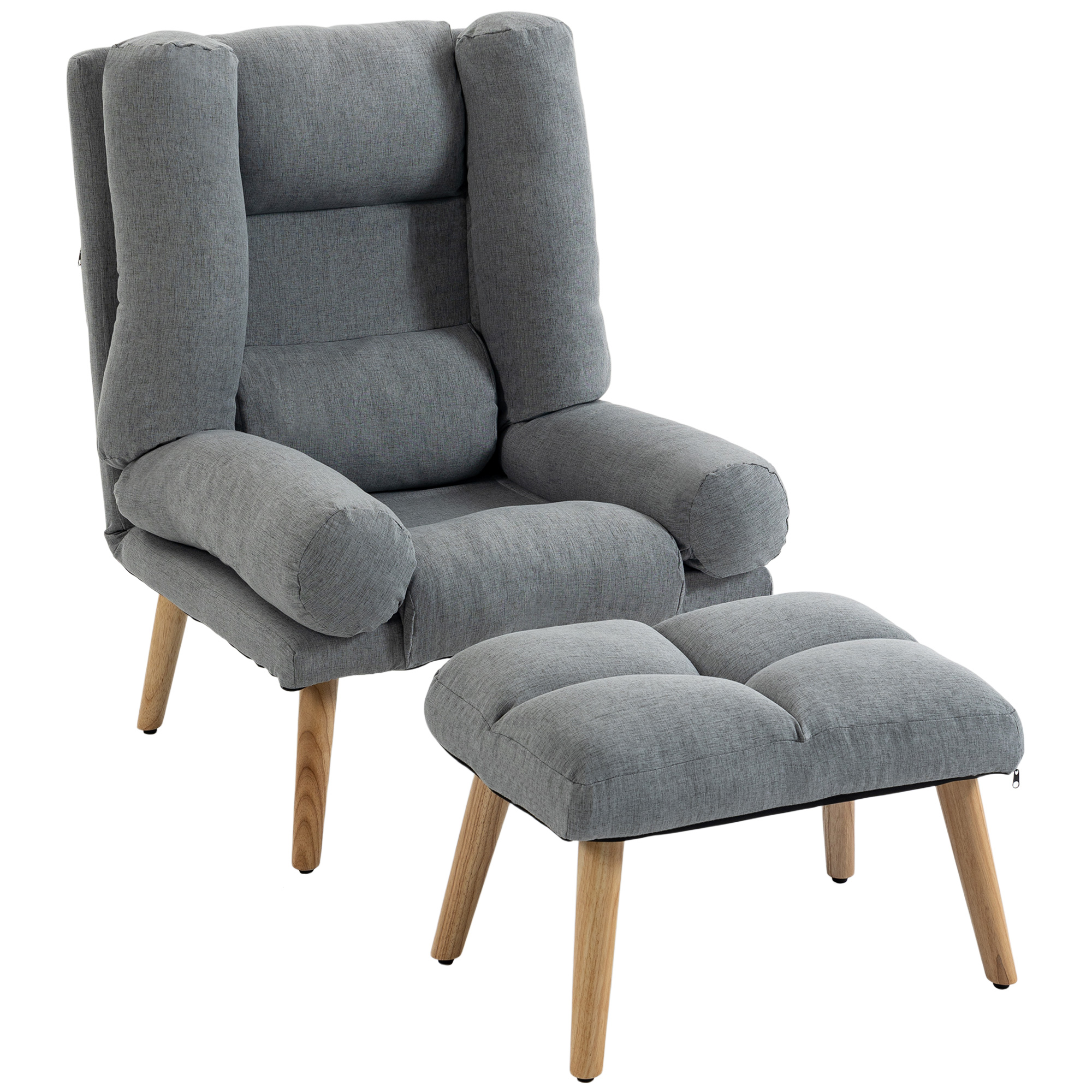 KELVEDON Recliner Armchair and Footstool with Adjustable Backrest, Thick Cushion and Wood Legs - Grey