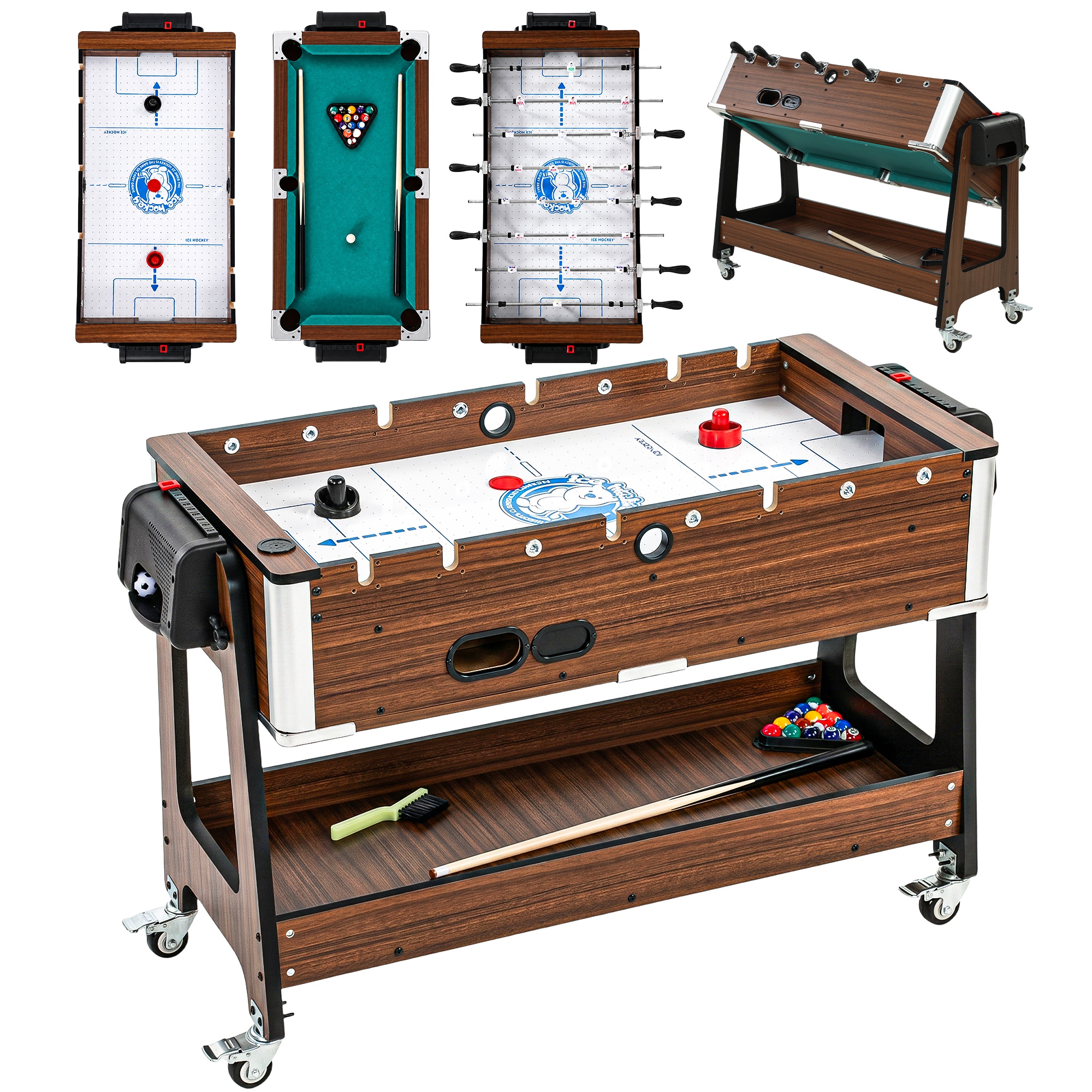 SHOREHAM 3 in 1 Multi Game Table with Air Hockey, Pool, Football, Wheels and Storage Shelf - Walnut Wood Effect and White