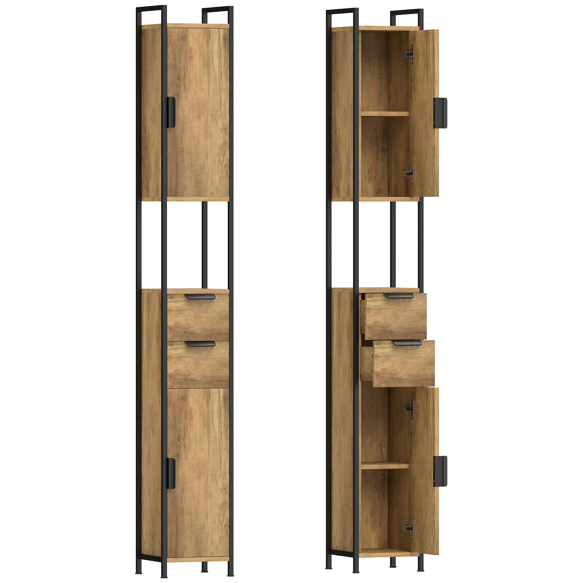 SWANAGE Tall Freestanding Bathroom Storage Cabinet with Drawers and Shelves - Brown and Black