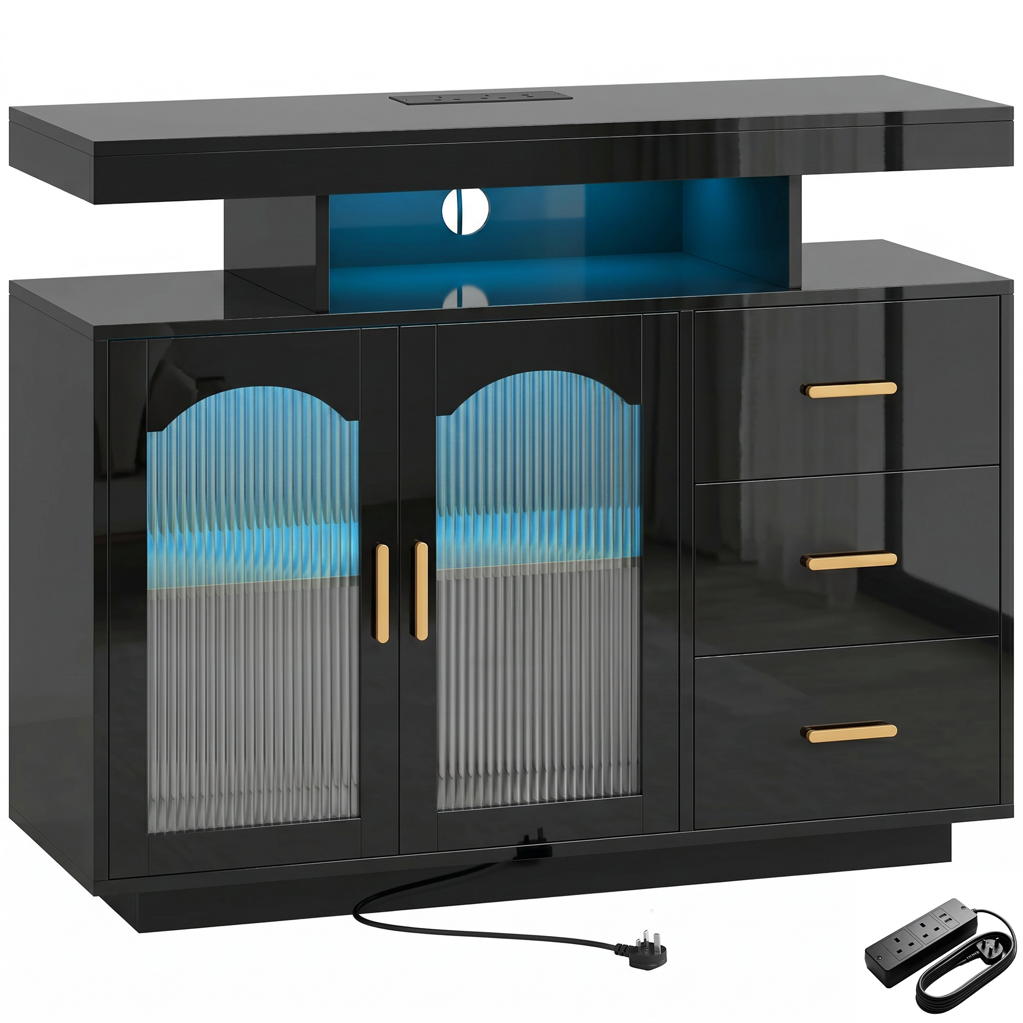 FINEDON High Gloss Sideboard with LED Lights, Power Outlets, 3 Drawers and 2 Acrylic Doors - Black