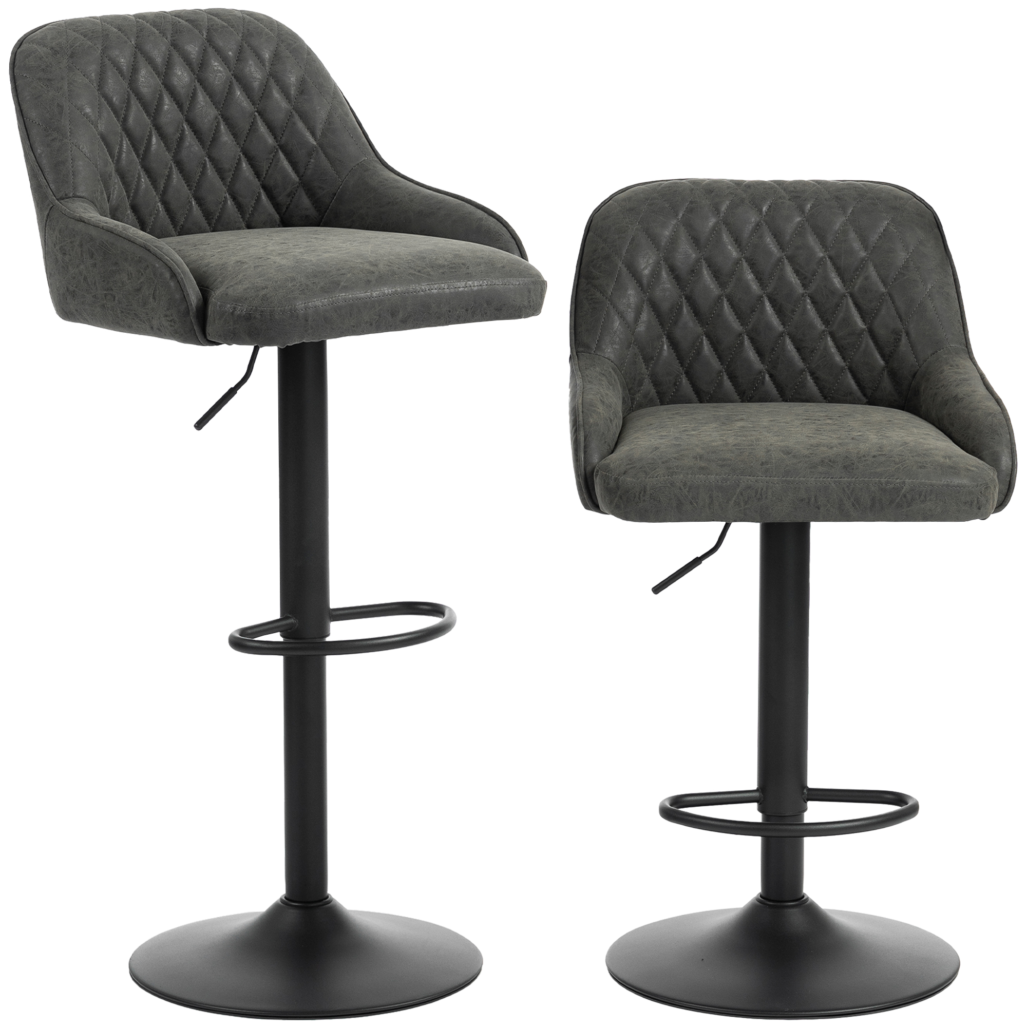 SAXMUNDHAM Set of 2 Adjustable Swivel Kitchen Bar Stools with Backrests - Dark Grey