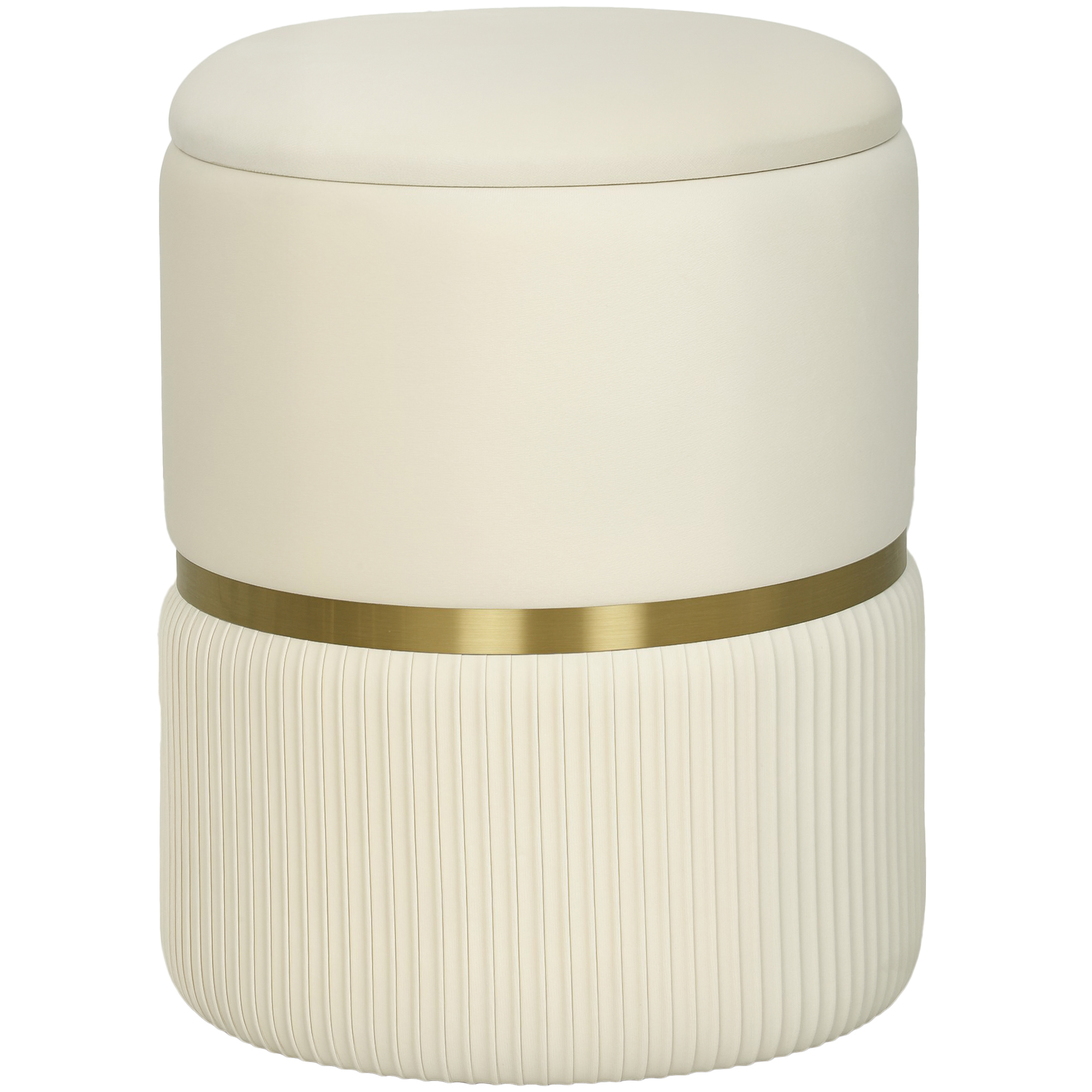 JUVIX Round Velvet Storage Stool with Removable Top, Padded Seat and Hidden Storage - Beige and Natural Wood