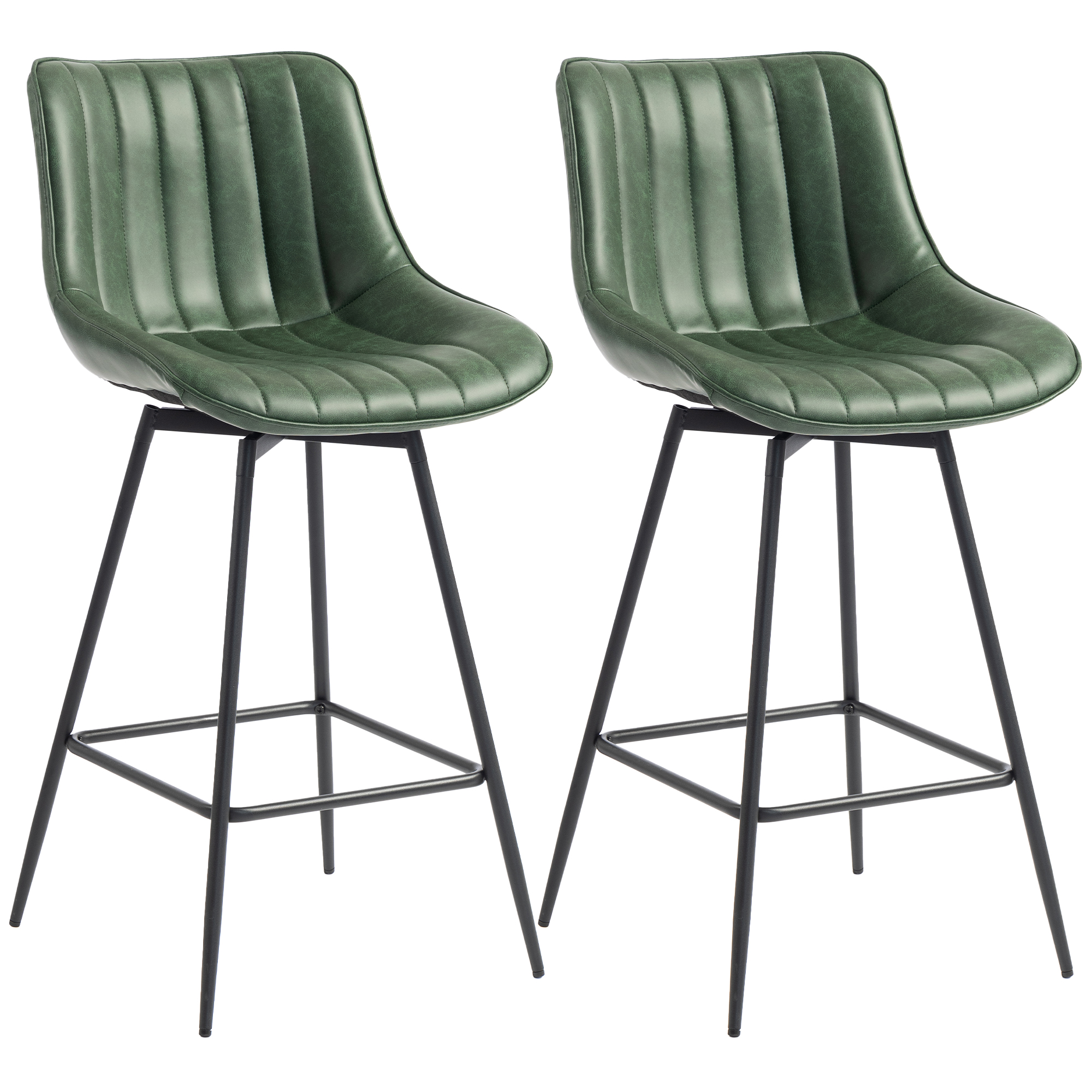 BRADNOR Set of 2 PU Leather Adjustable Swivel Bar Stools - Dark Green