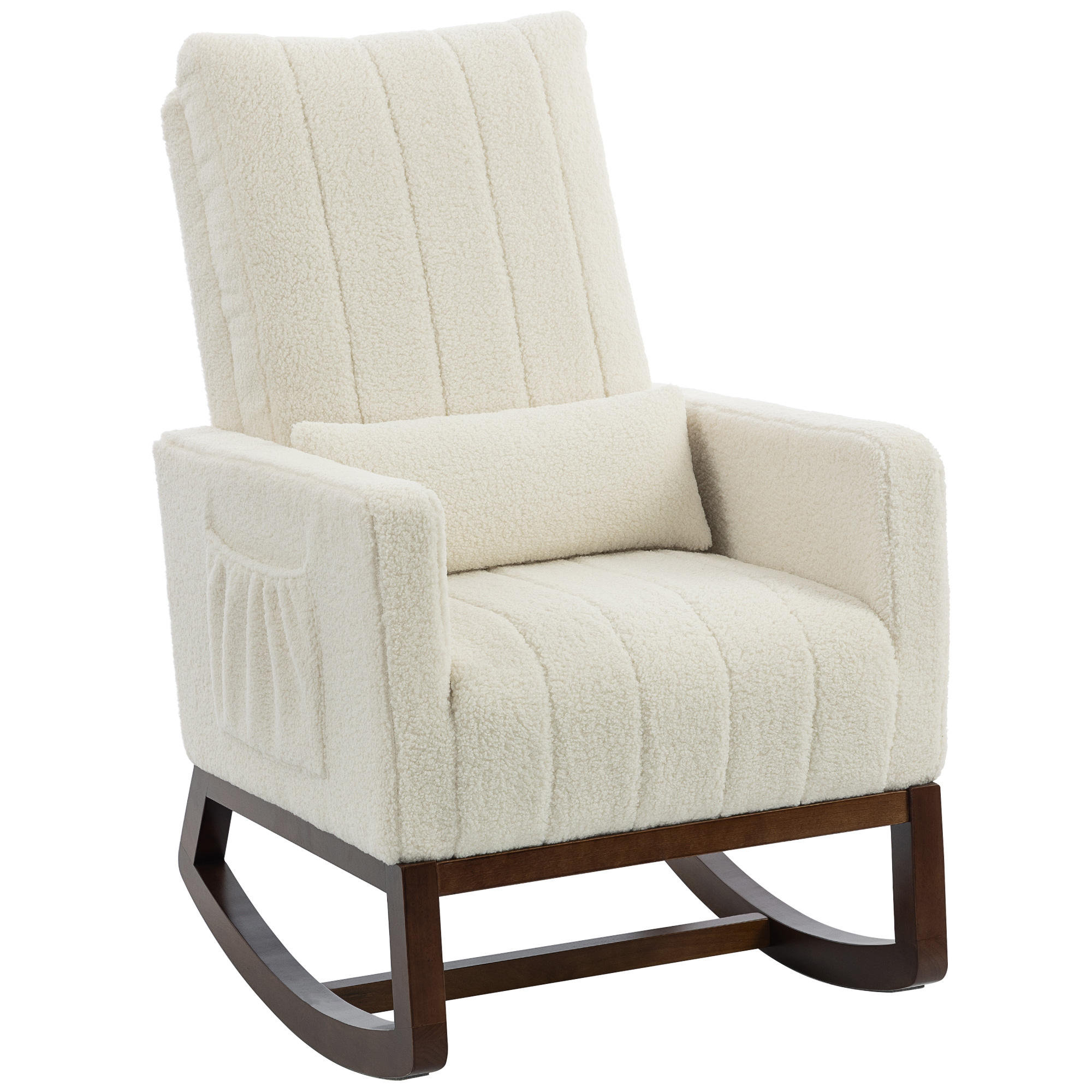 BUCKINGHAM Adult Rocking Chair with High Back, Lumbar Pillow, Wood Base and Side Pockets - Cream White and Walnut
