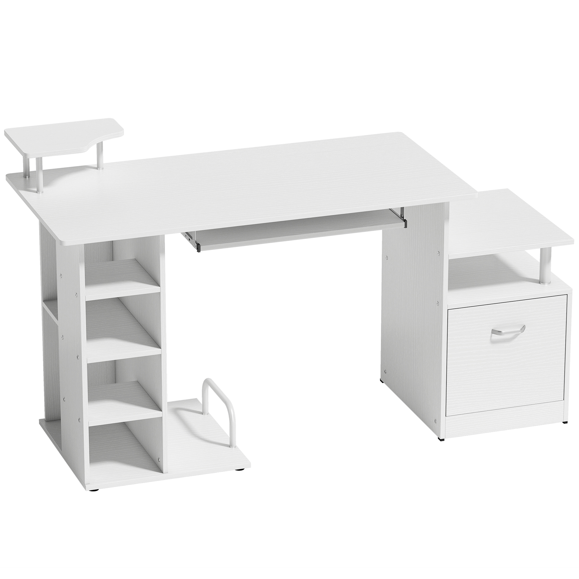 BEECHCROFT Computer Desk with Drawer, Shelves and CPU Storage Rack - White Wood Effect