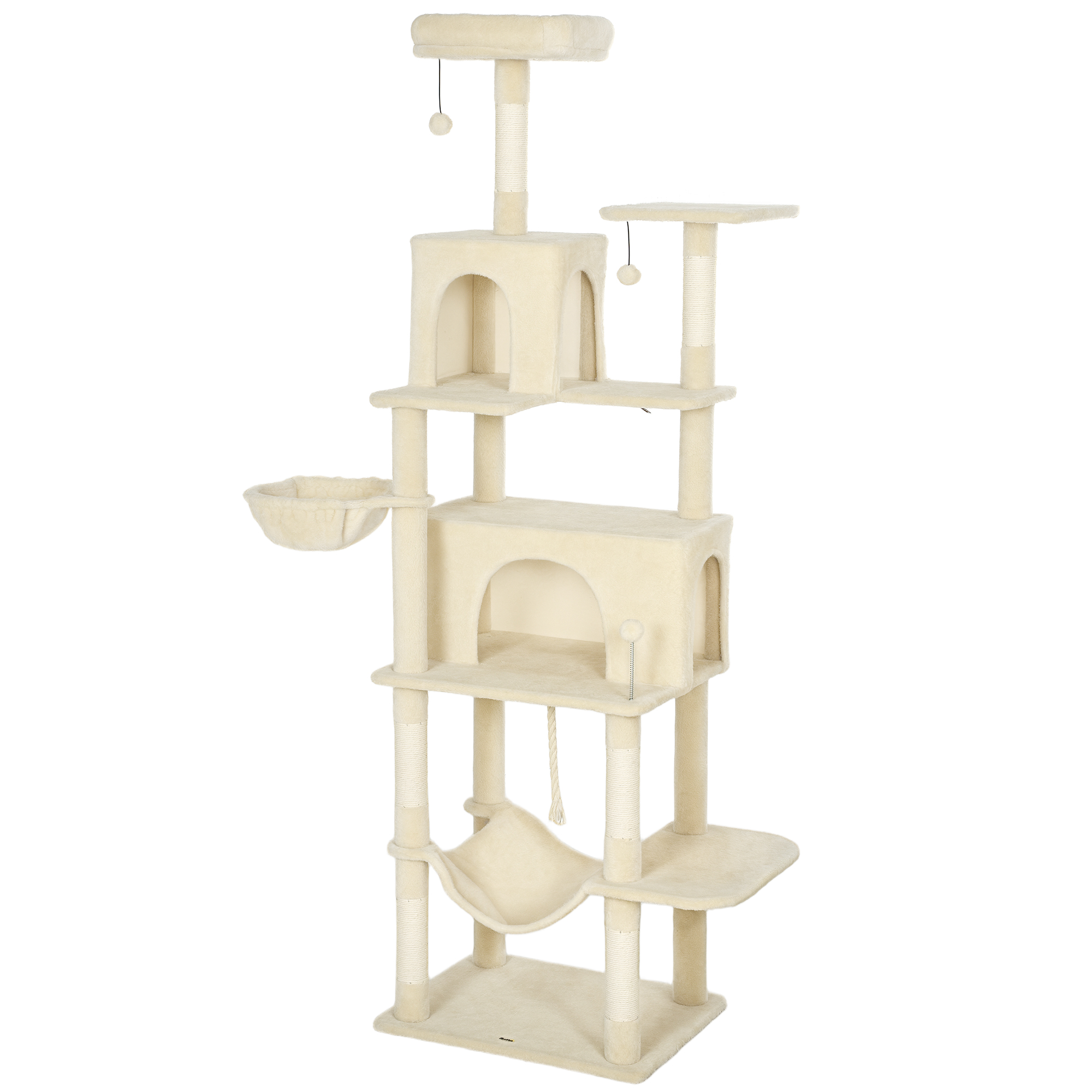 WEXOR 202 cm Cat Tree with 6 Scratching Posts, 2 Hammocks, 2 Condos and 2 Perches - Beige and Cream White