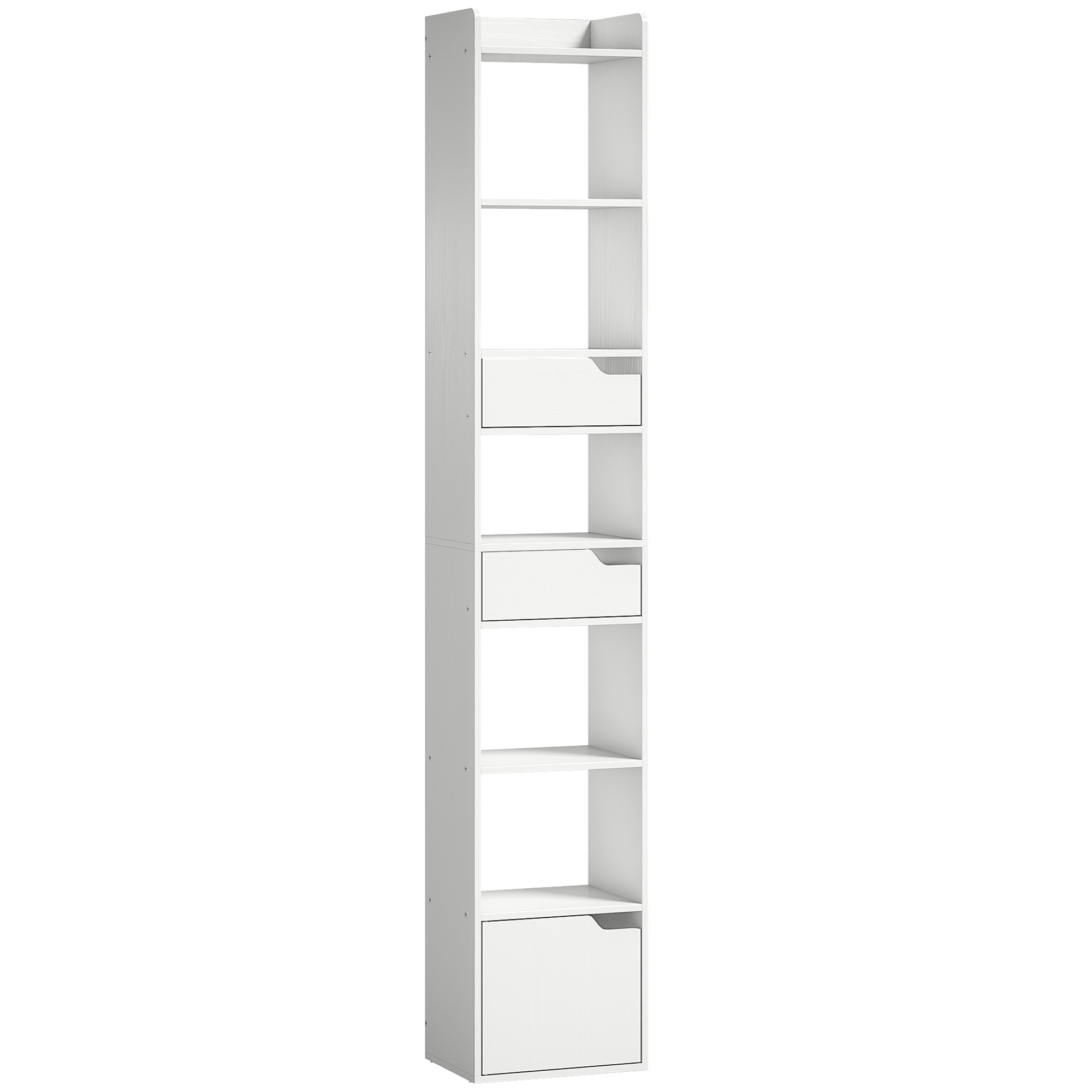 CALDECOTE 5 Tier Tall Narrow Bookcase with Drawers and Freestanding Storage - White Wood Effect