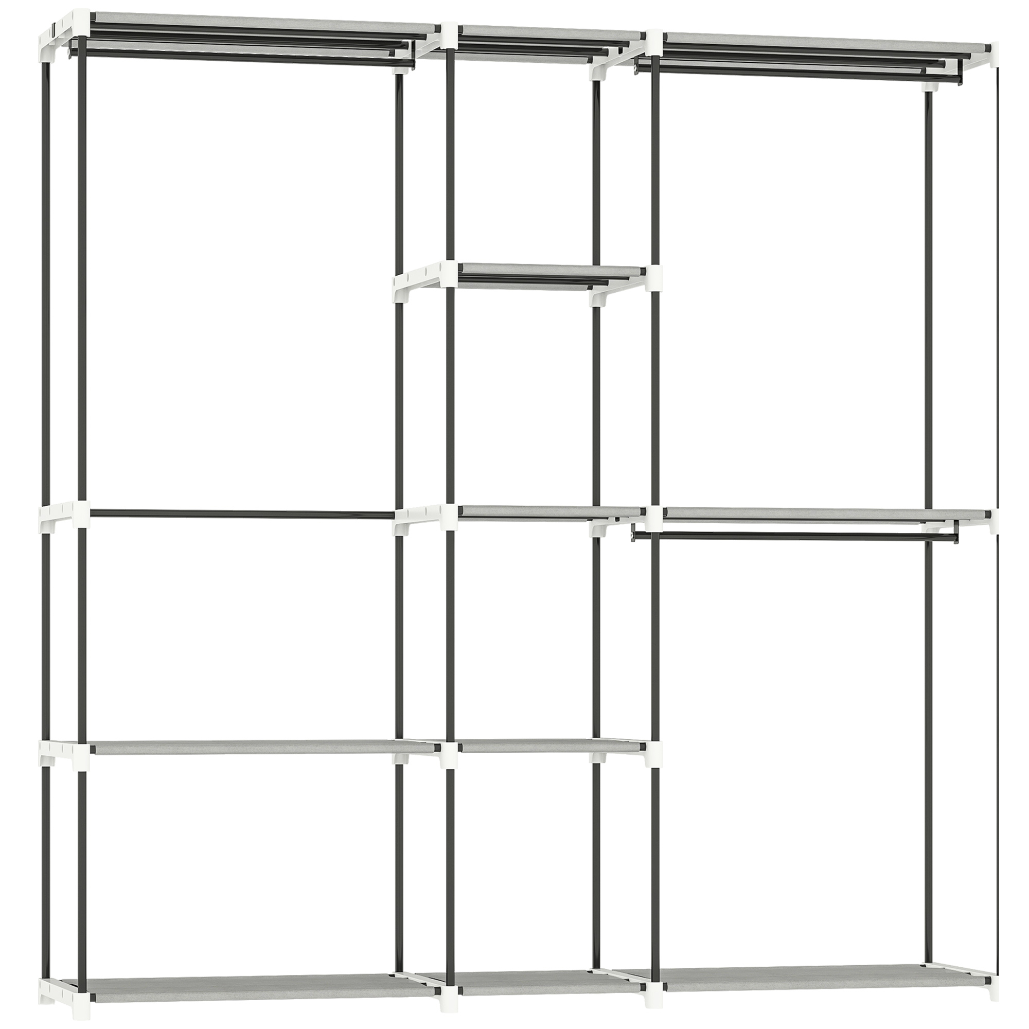 BERKELEY Open Portable Wardrobe with 8 Shelves and 3 Hanging Rails - Light Grey and Black