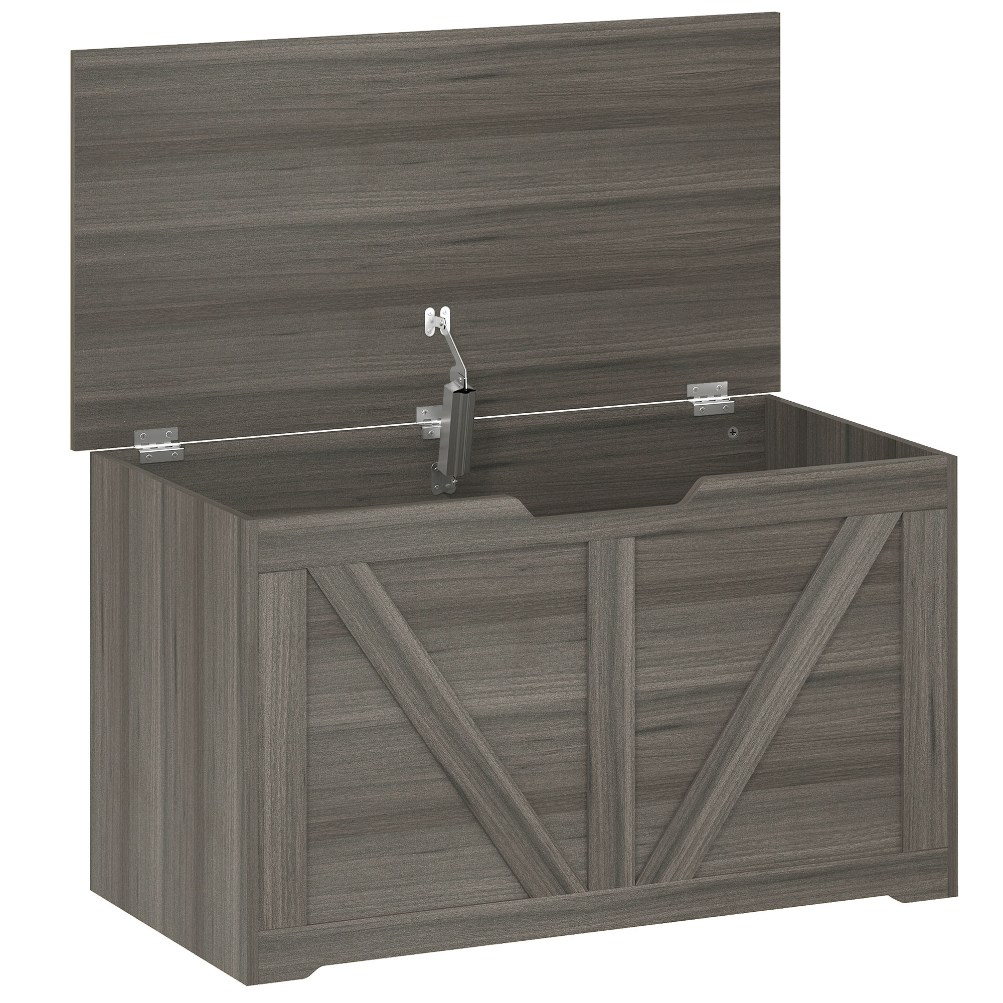 JUVRIA 100L Particleboard Home Storage Box with Safety Hinge and Wood Effect - Dark Grey