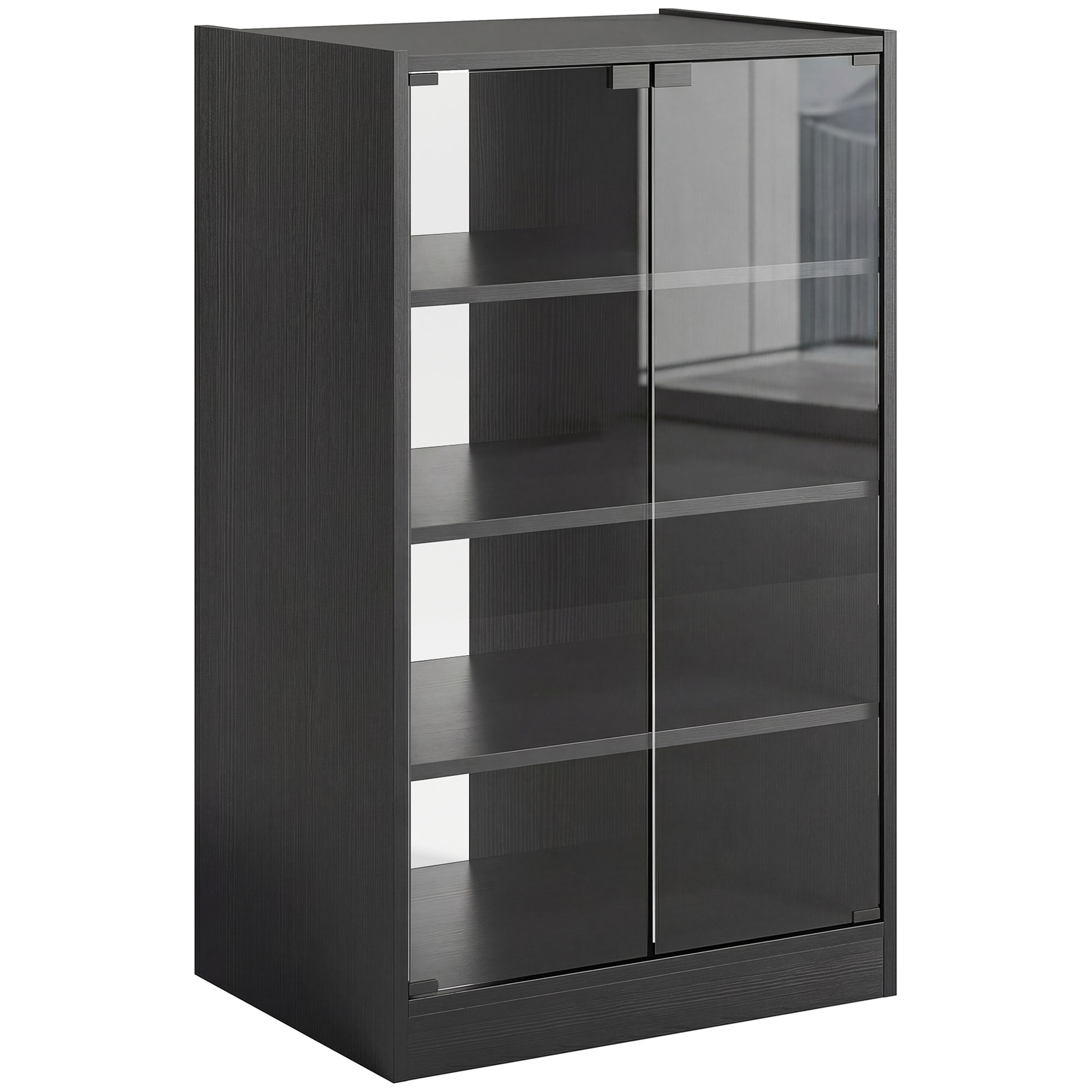 KEDINGTON 4 Tier Hi Fi and Record Player Stand with Adjustable Shelves and Glass Doors - Black Wood Effect