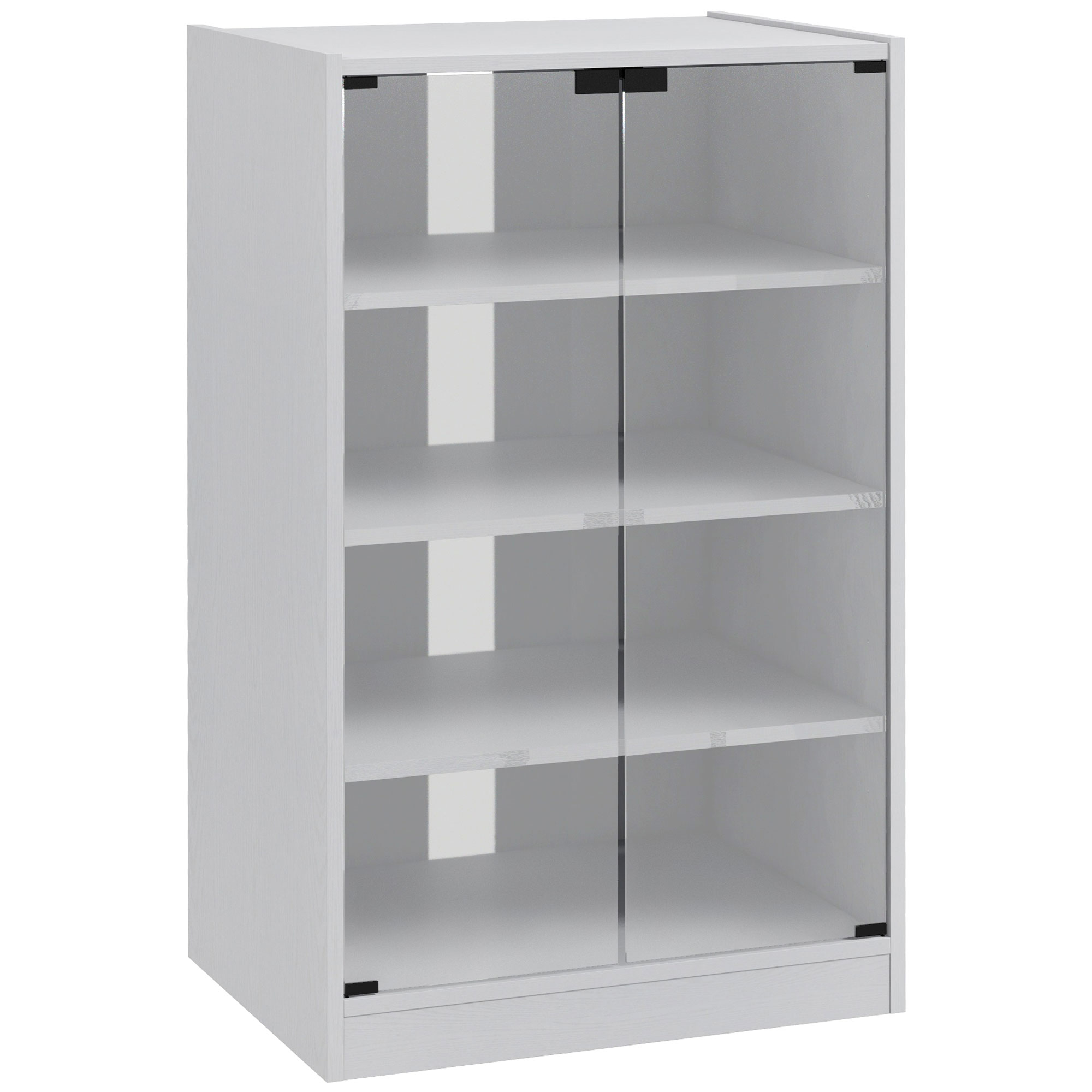 IVERLEY 4 Tier Hi Fi and Record Player Stand with Adjustable Shelves and Glass Doors - White Wood Effect