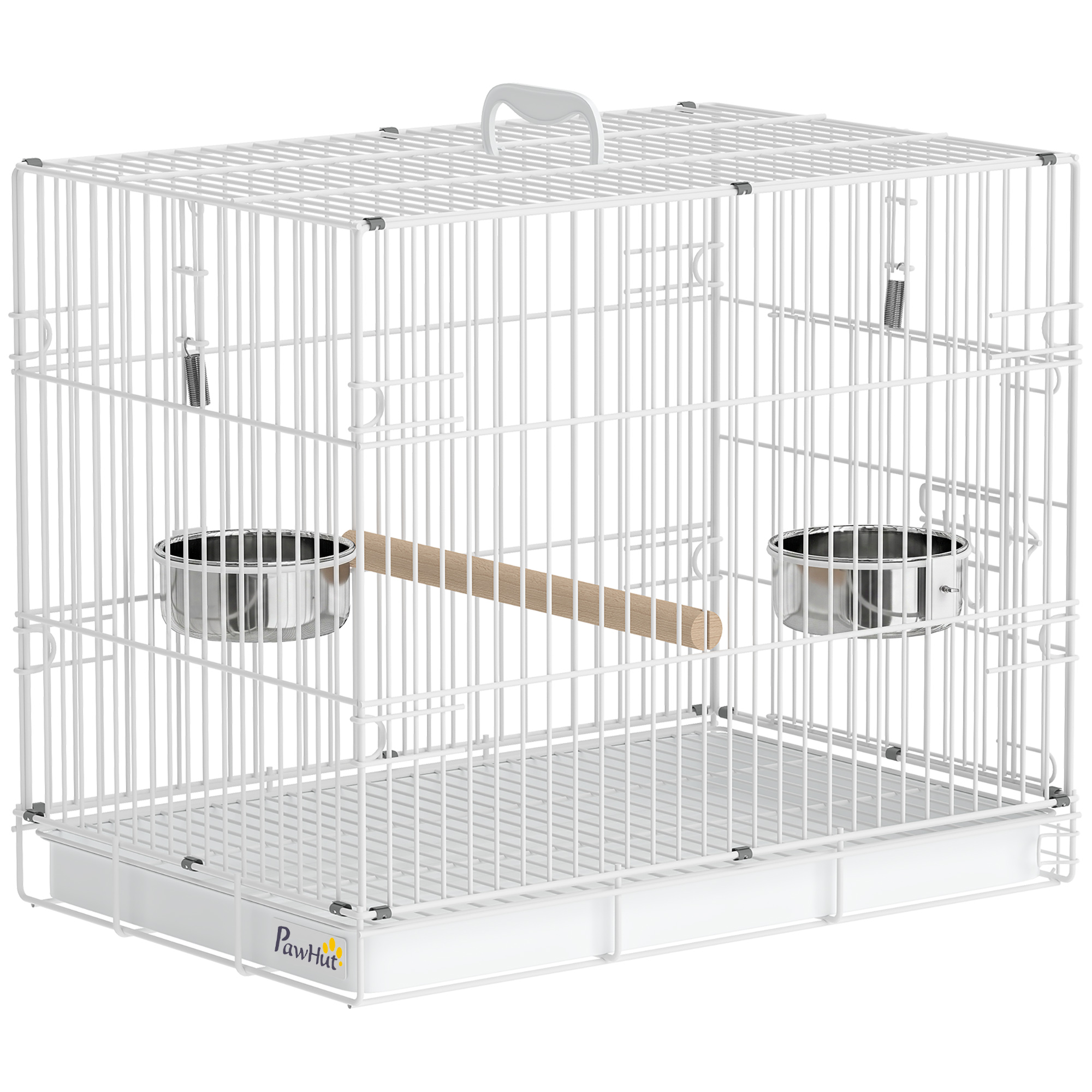 HOLTBY Foldable Portable Budgie Bird Cage with Wood Perch and 2 Bowls, 49 x 31 x 40 cm - White