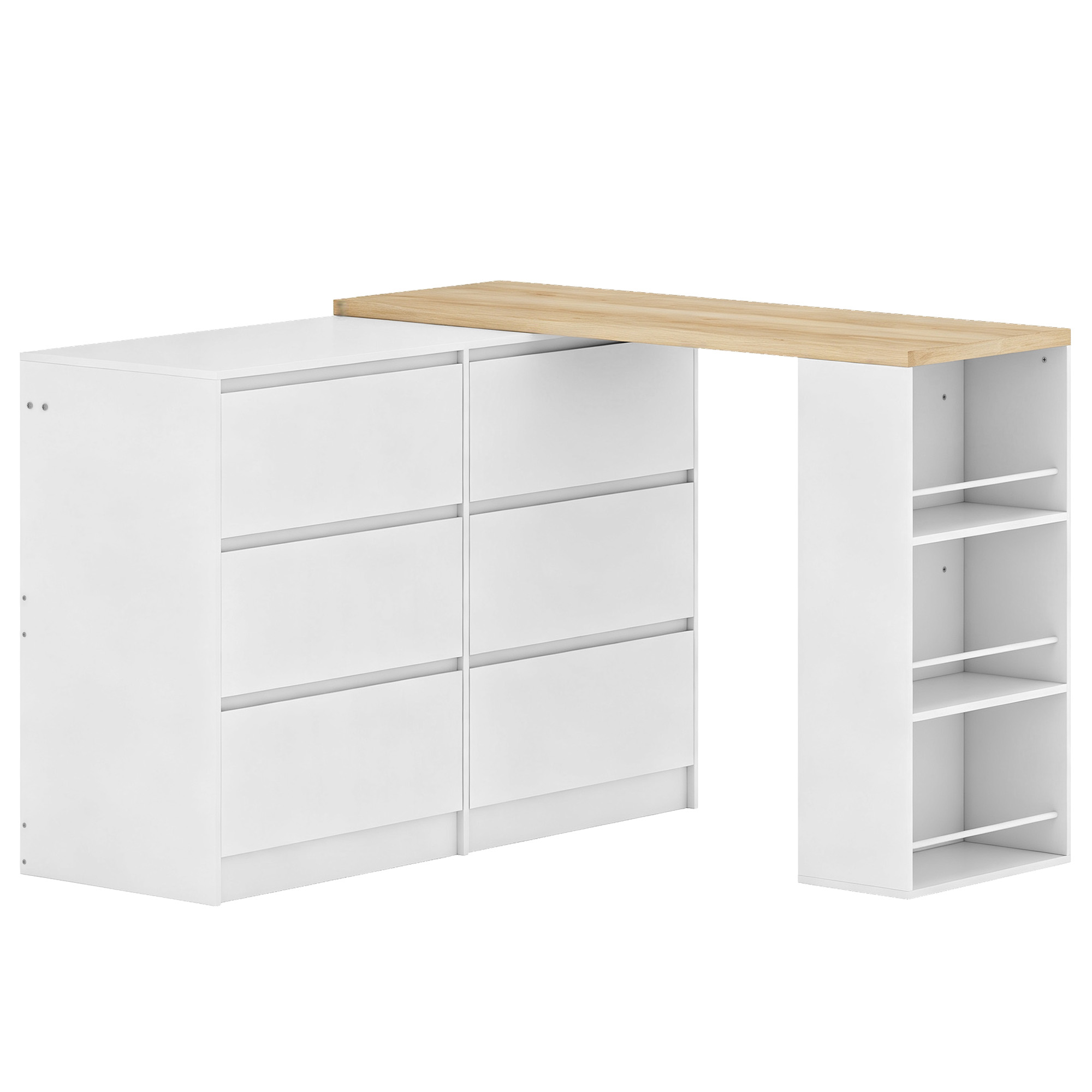 ALDERTON Dressing and Vanity Table with 6 Drawers and 3 Tier Storage Shelf - White and Natural Wood Finish