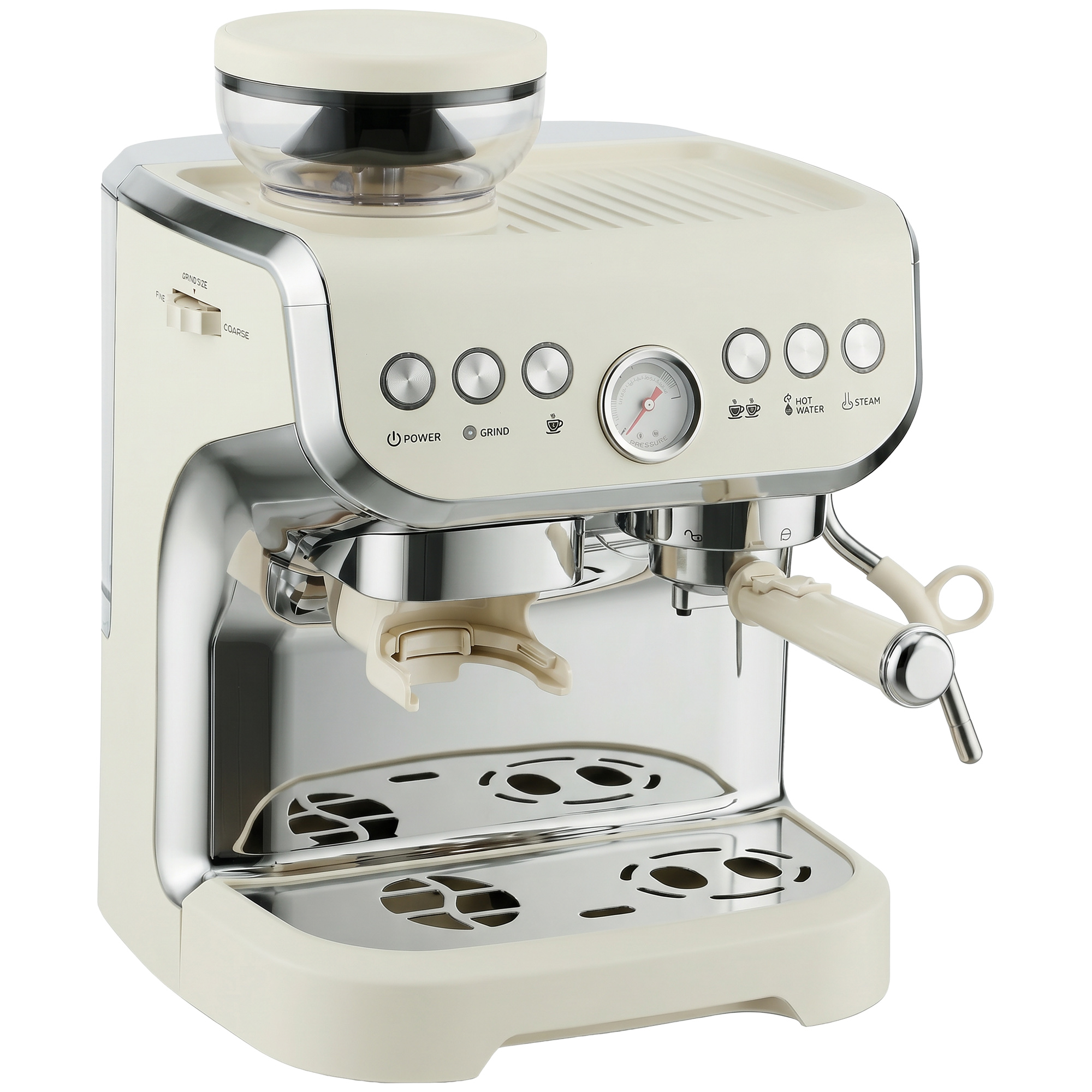 MELLS 15 Bar Coffee Machine with Adjustable Grinder, Milk Steamer and Accessories - Cream White