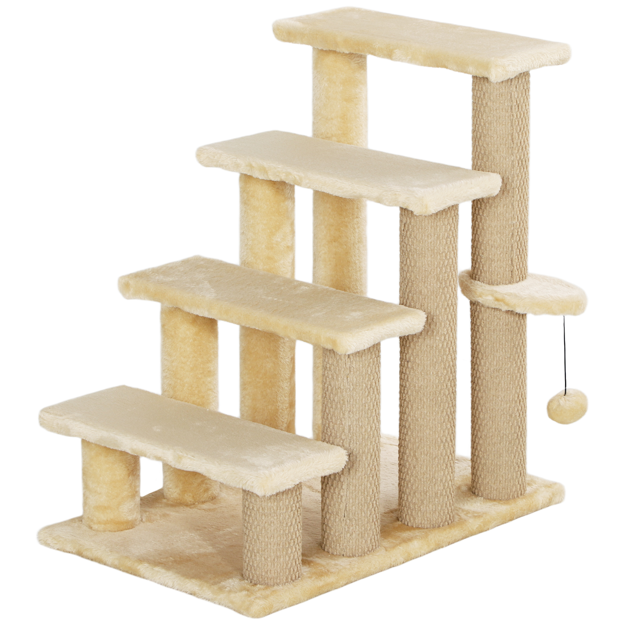 FLITWICK 4 Step Pet Stairs with Scratching Posts, Platforms and Toy Ball - Beige