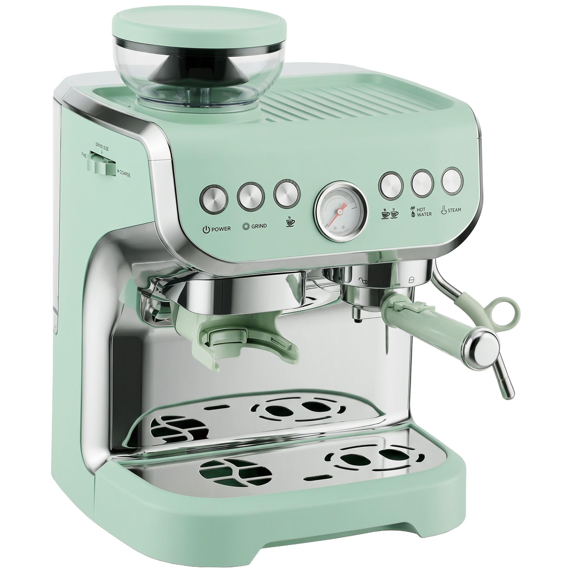 MELLS 15 Bar Coffee Machine with Adjustable Grinder, Milk Steamer and Accessories - Light Green