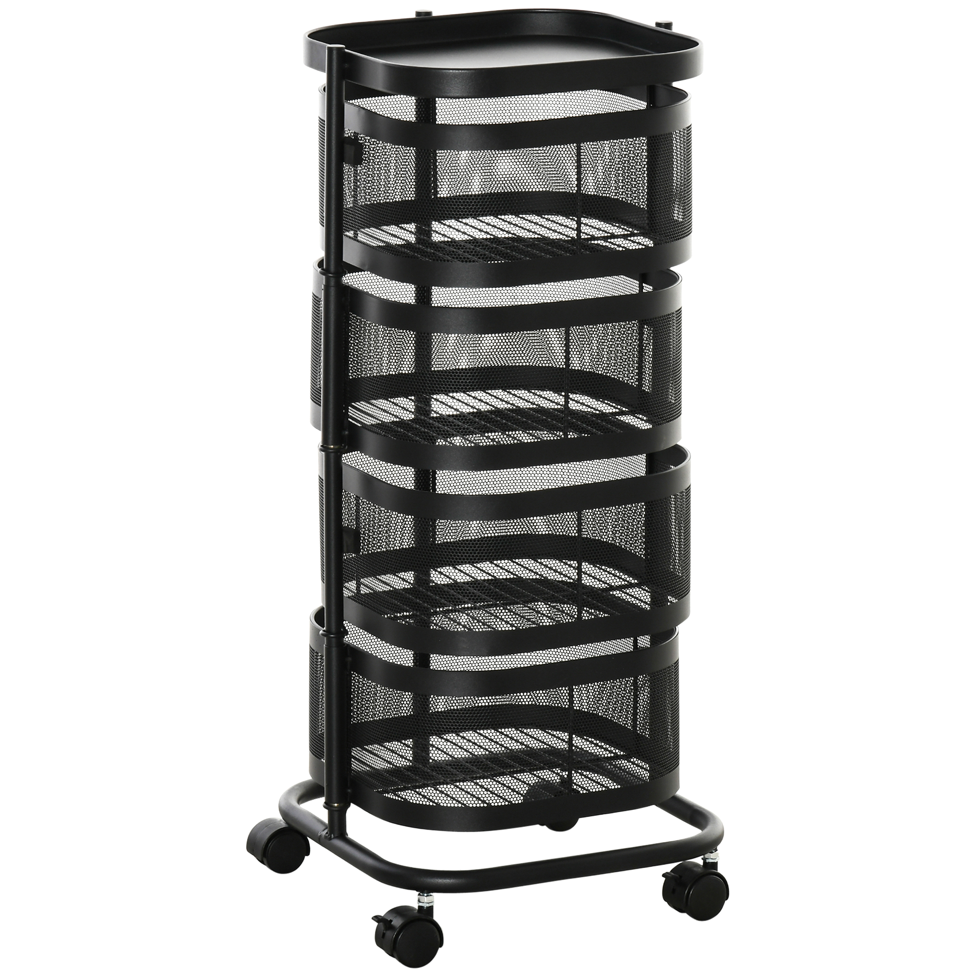 SOLIHULL 4 Tier Metal Storage Trolley with Wheels, Mesh Baskets and Top Tray - Black
