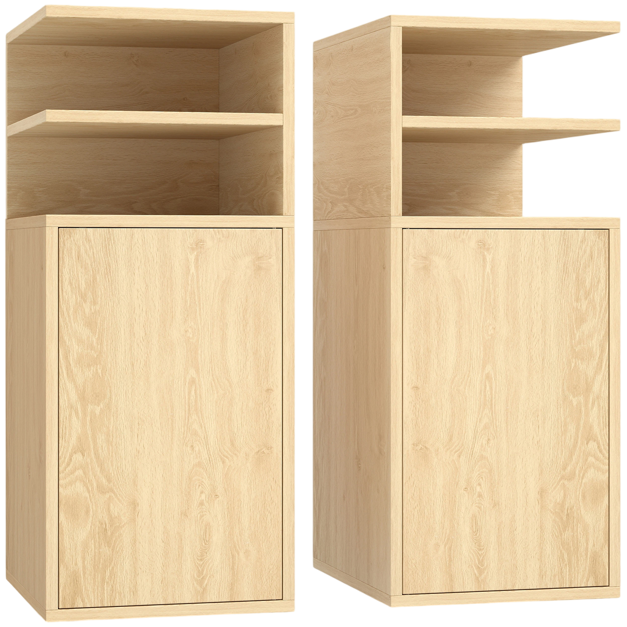 ANDOVER Set of 2 Slim Bedside Tables with Open Cubbies and Cupboards - Oak