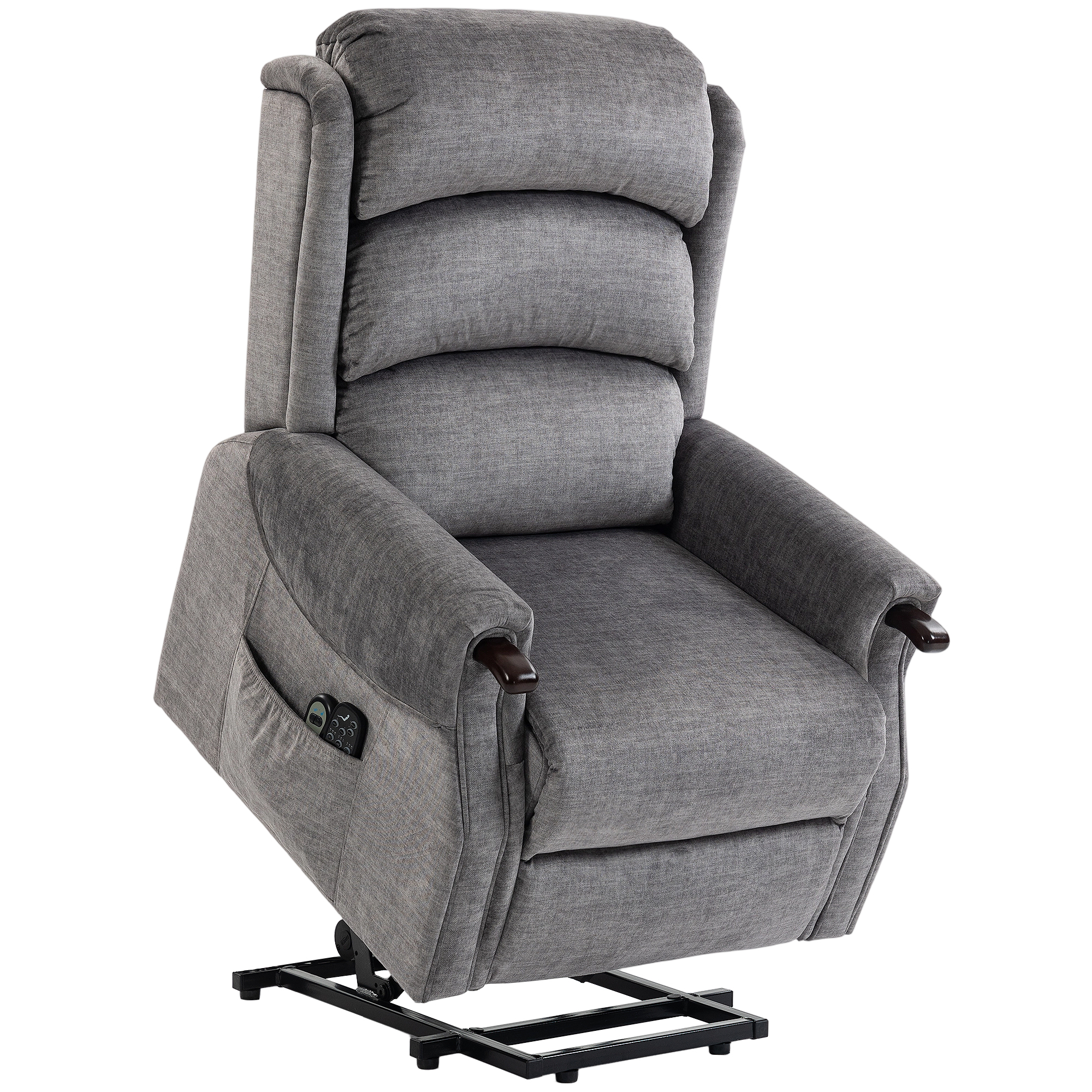 HESWALL Power Lift Recliner Chair with Vibration Massage, Heat, Wood Grips and Pocket Springs - Light Grey and Wood Colour