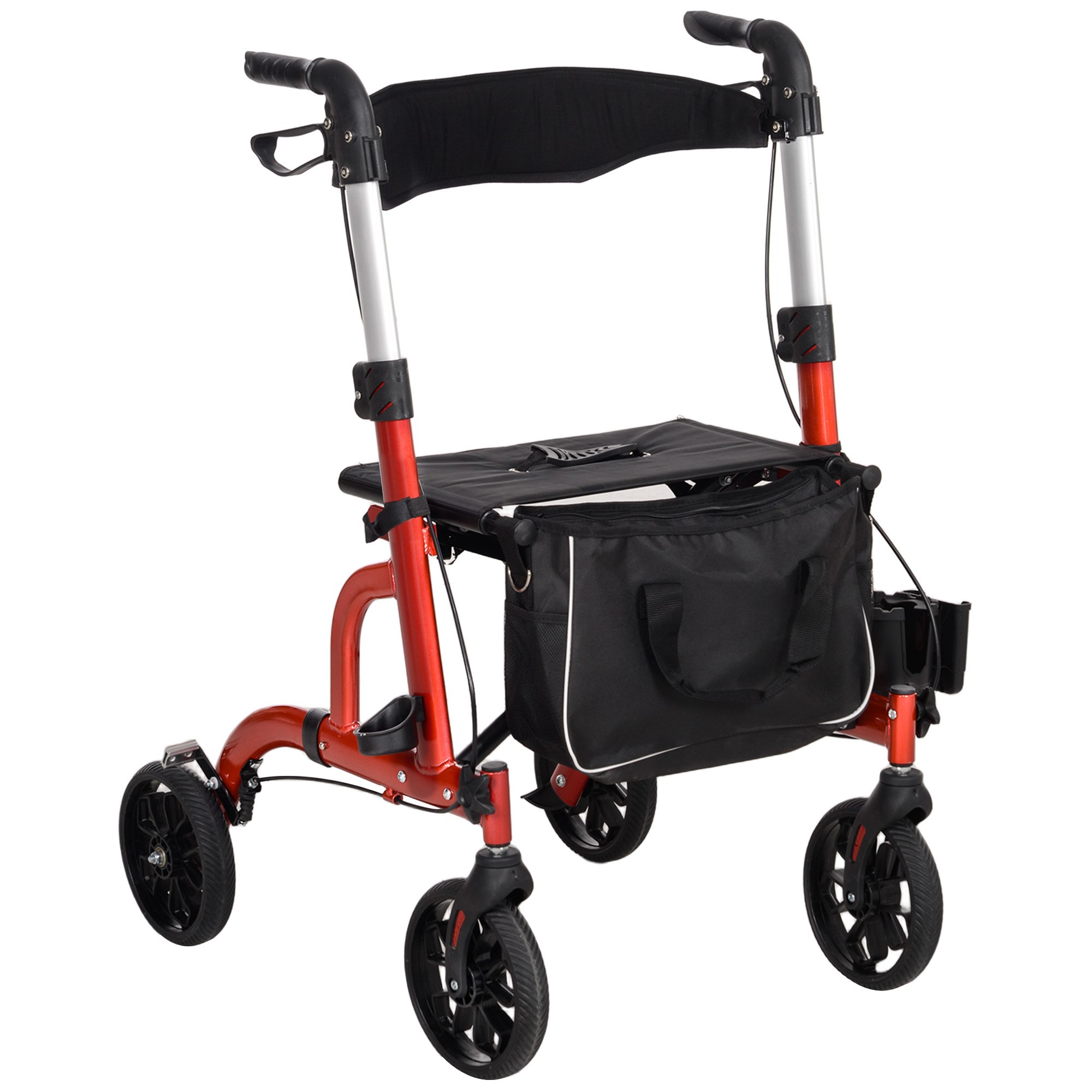ROTHLEY Lightweight Folding Rollator Walking Frame with Seat and Backrest - Red and Black