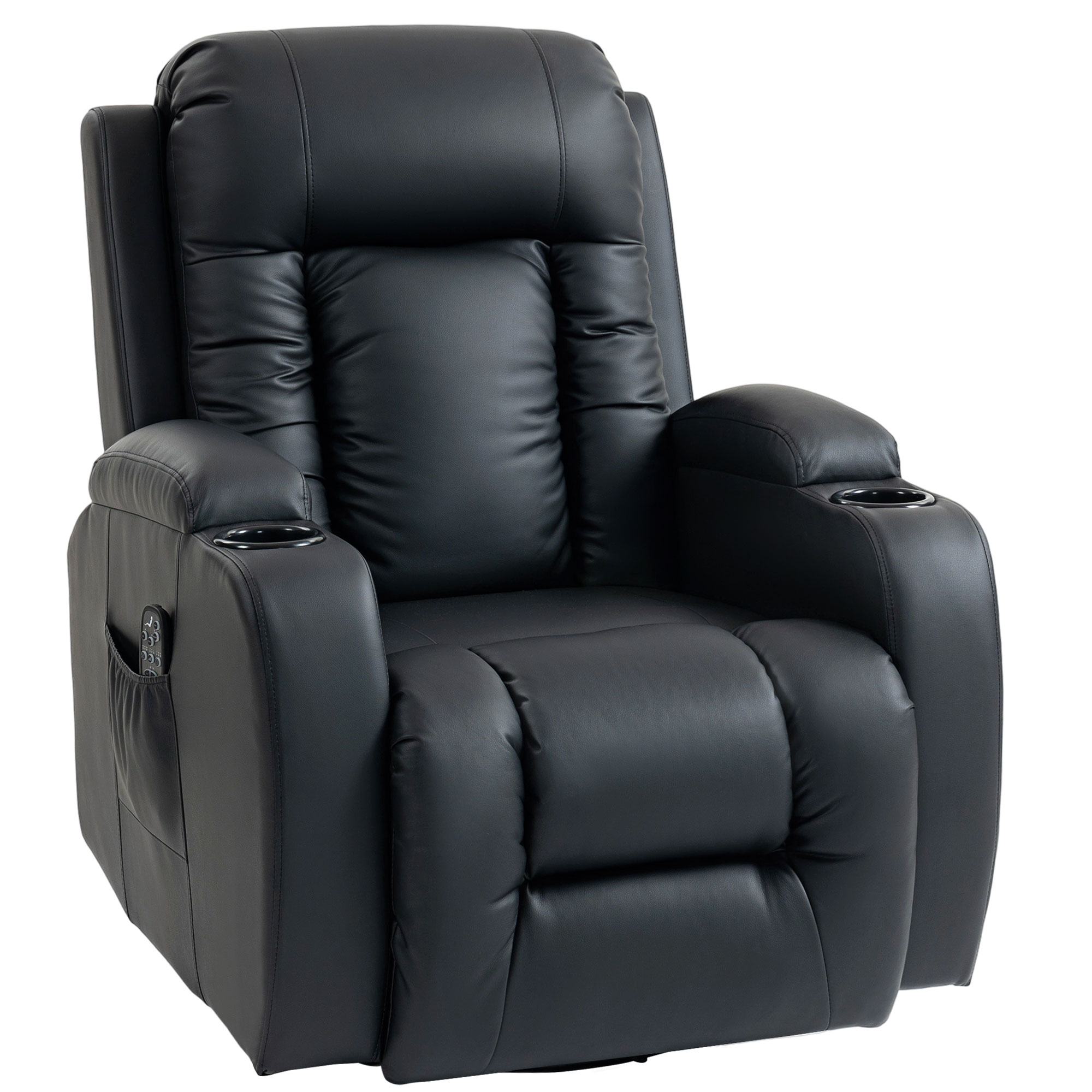 AURENA PU Leather Recliner Armchair with Extended Footrest, Cup Holders and Side Pockets - Black