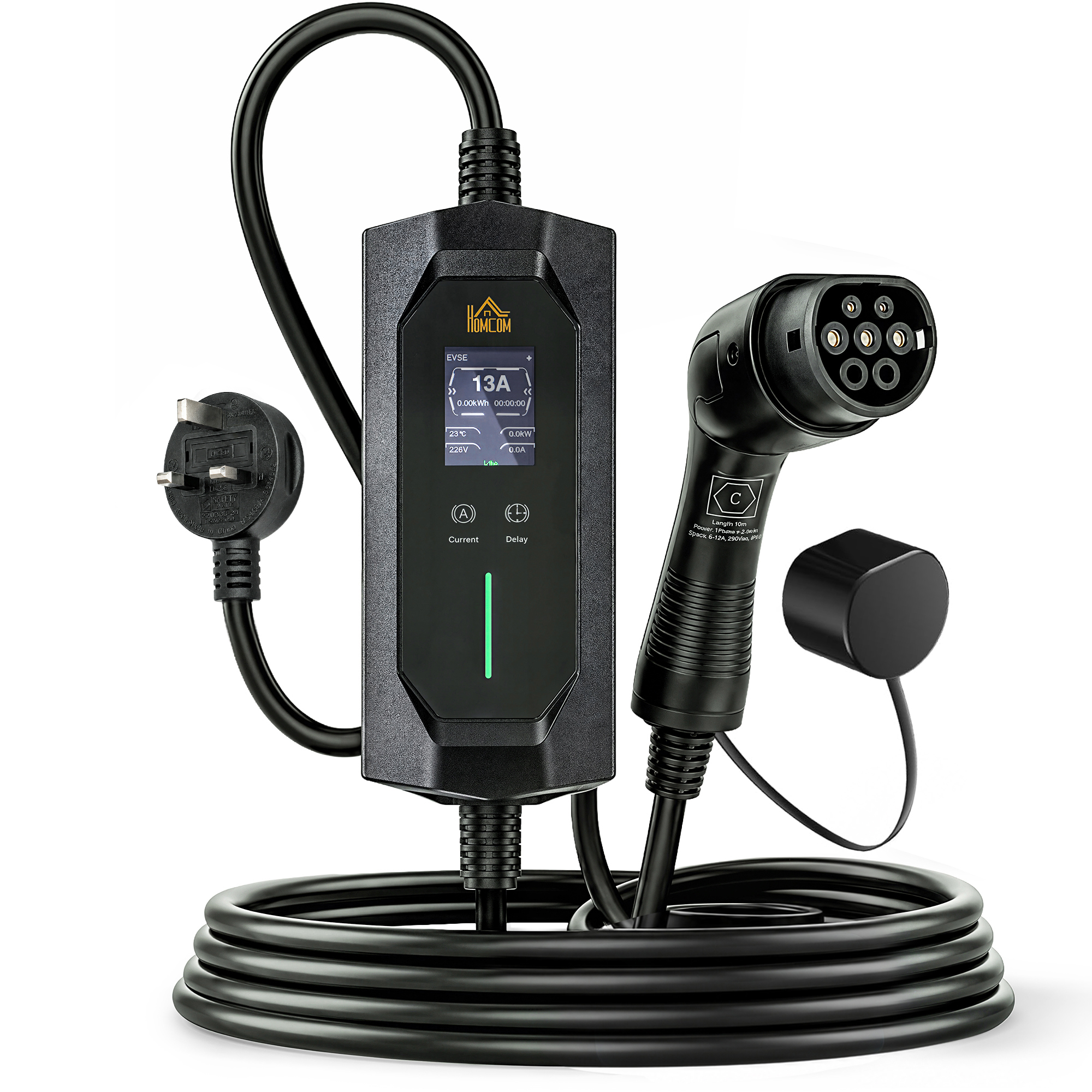 ROMSEY 2.8kW Type 2 EV Charger with 3 Pin Plug, 10 m Cable, 6 to 13A Current and Timer - Black