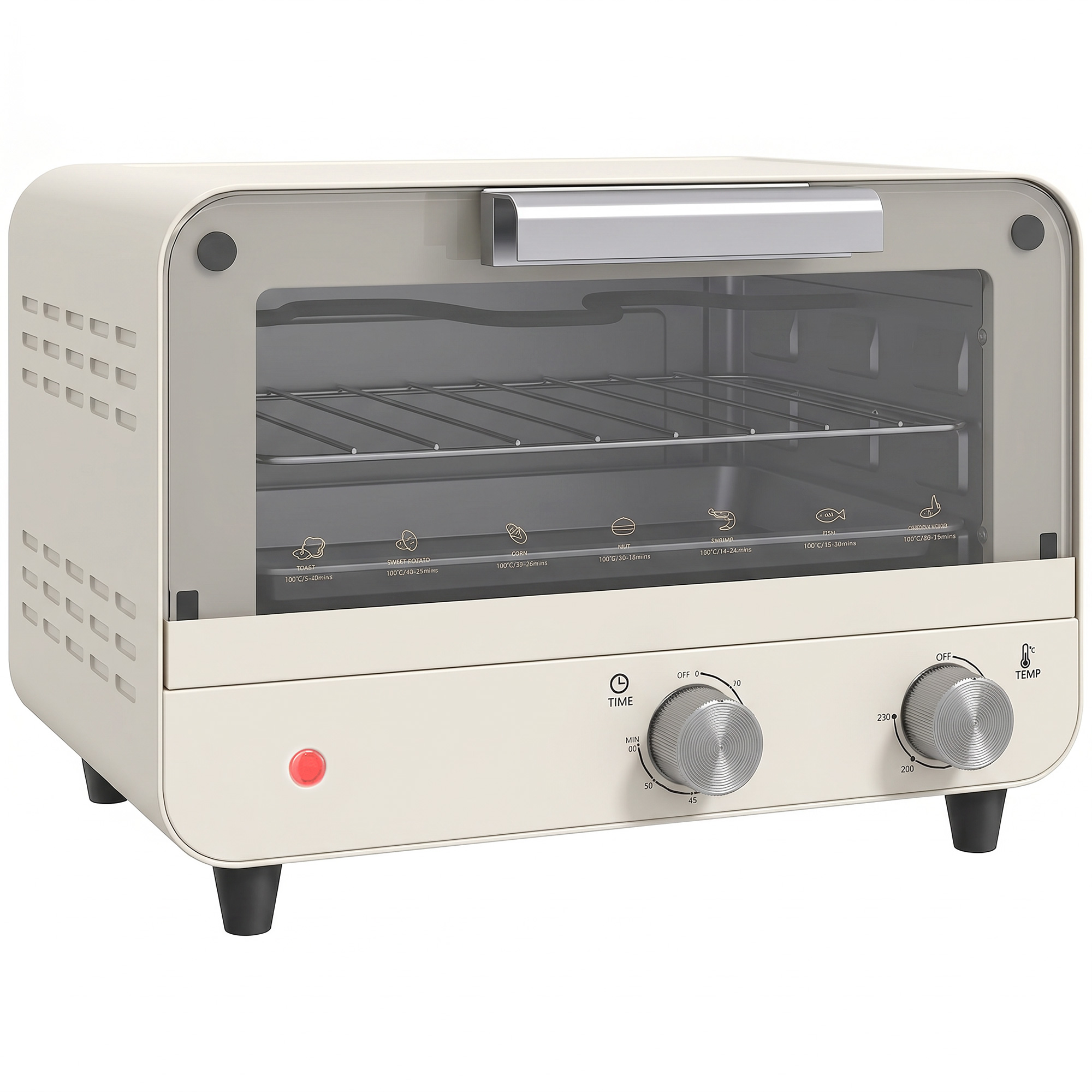 ELVANNE 750W Mini Toaster Oven with Glass Door, Adjustable Temperature and Timer - Cream White and Silver Tone