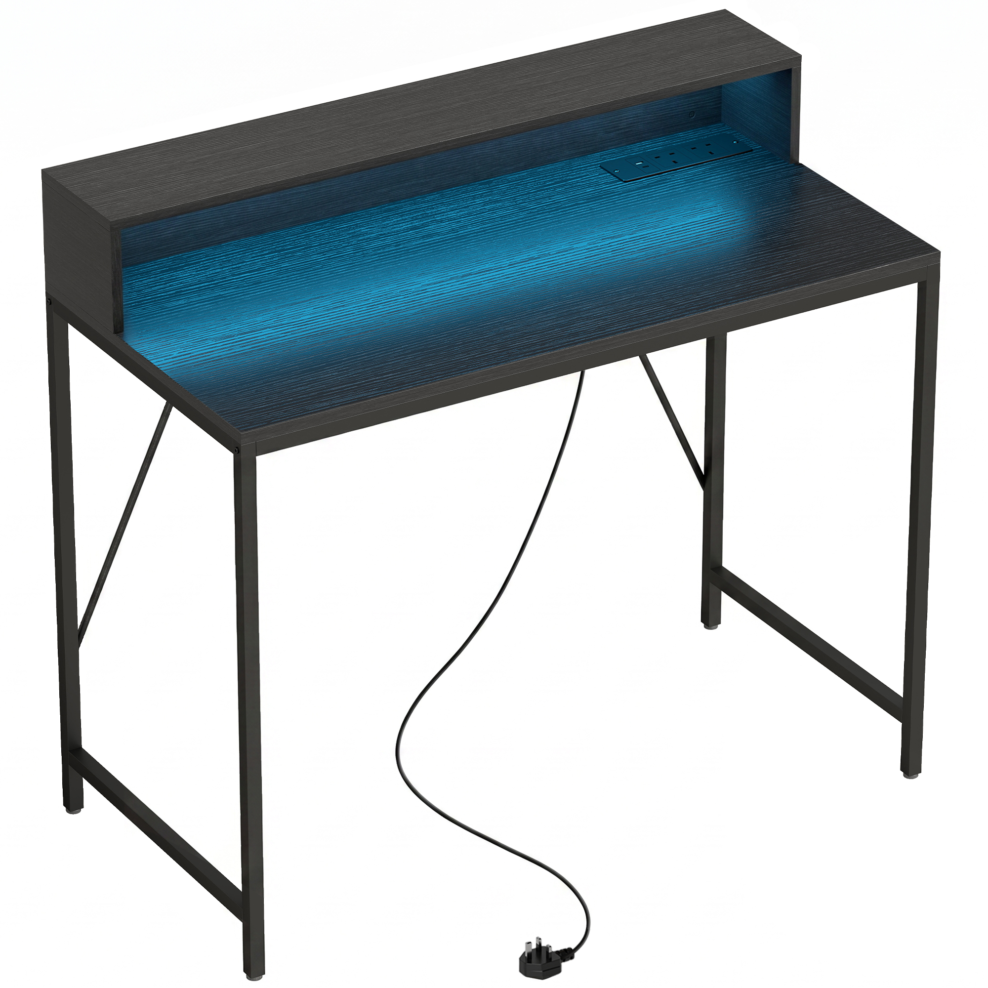 BEMBRIDGE 100 cm Gaming and Computer Desk with LED Lights, Power Outlets and Monitor Stand - Black Wood Effect