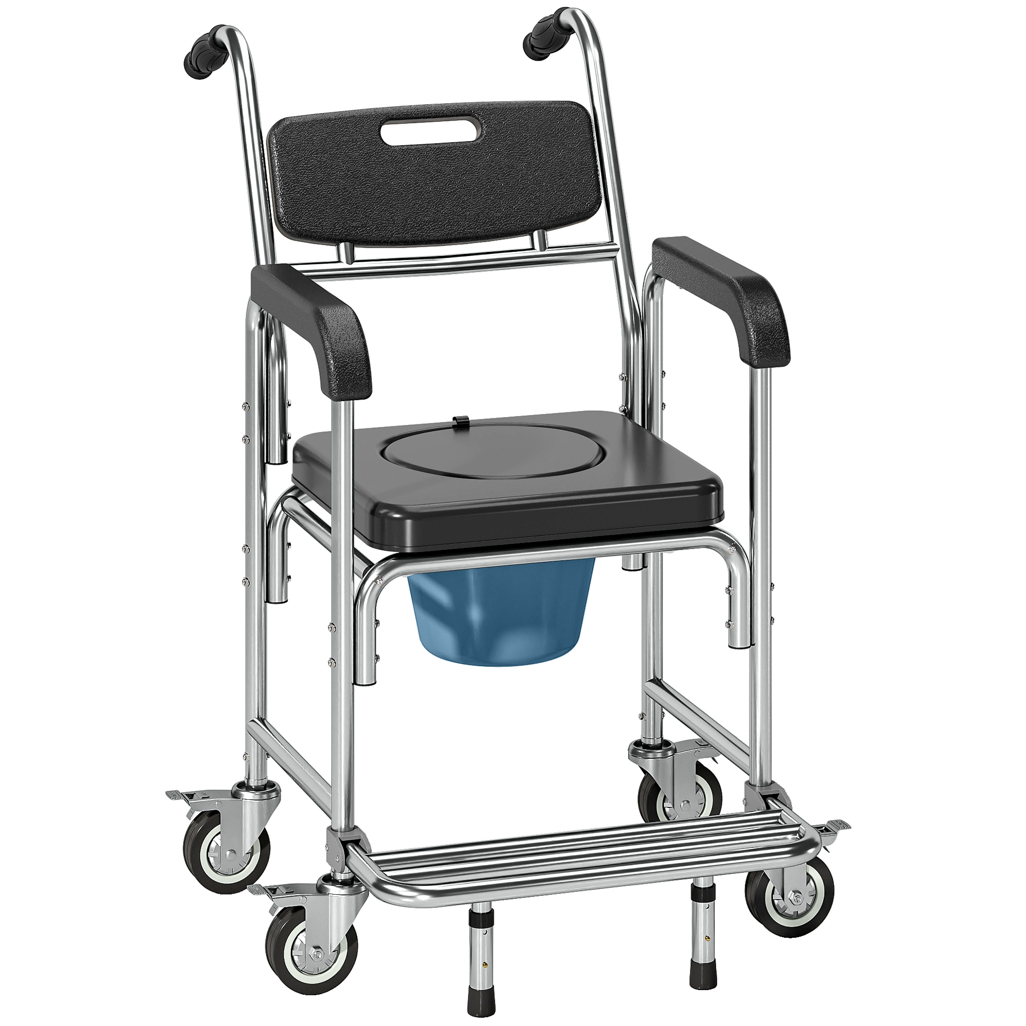 EVERSLEY 3 in 1 Transport, Bedside and Shower Commode Chair with Wheels and Padded Seat - Black