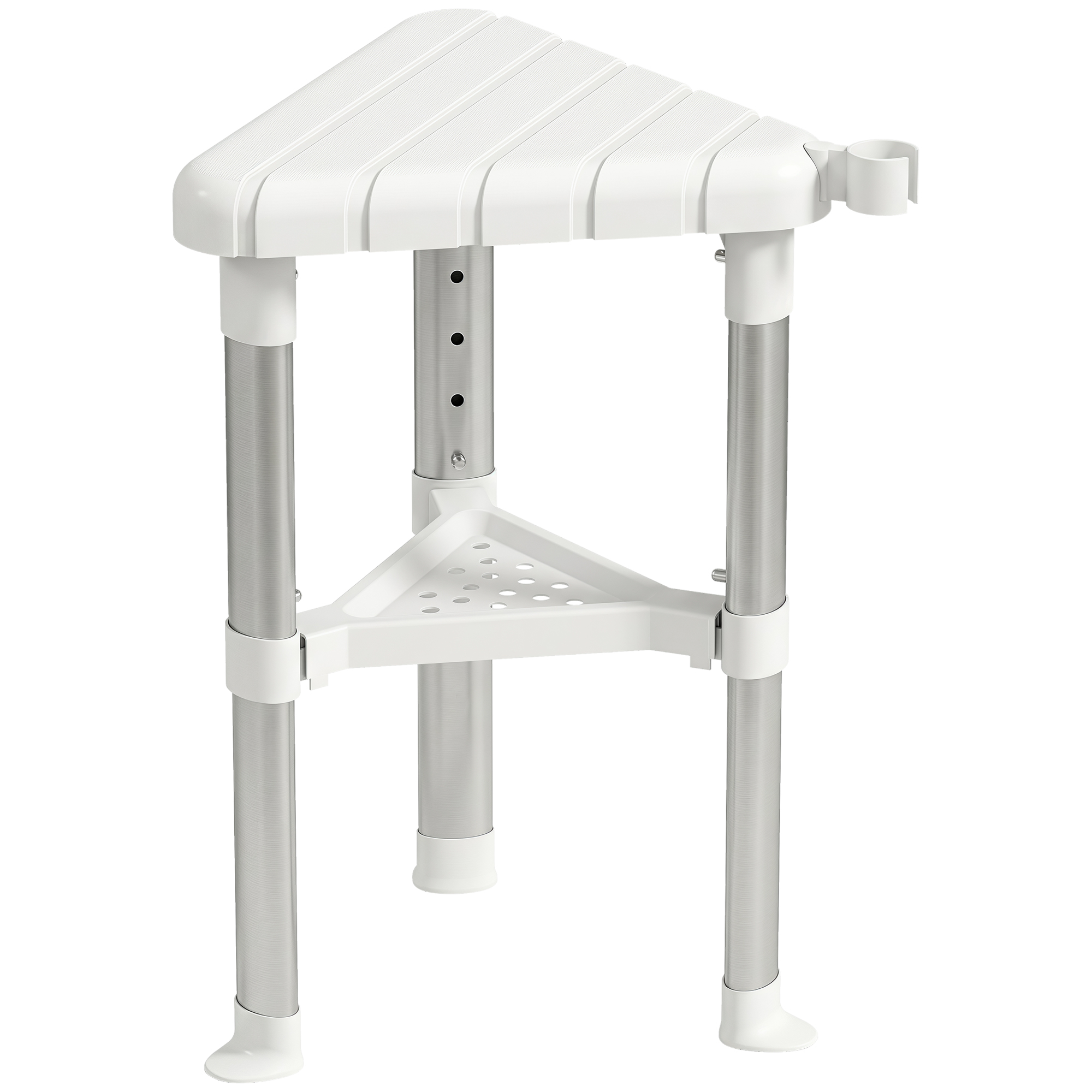 TRING Height Adjustable Aluminium Corner Shower Stool with Storage Shelf - Silver Tone and White