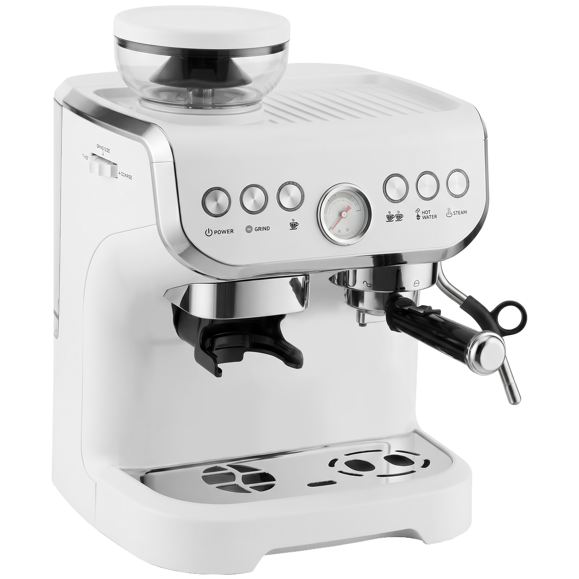 MELLS 15 Bar Coffee Machine with Adjustable Grinder, Milk Steamer and Accessories - White