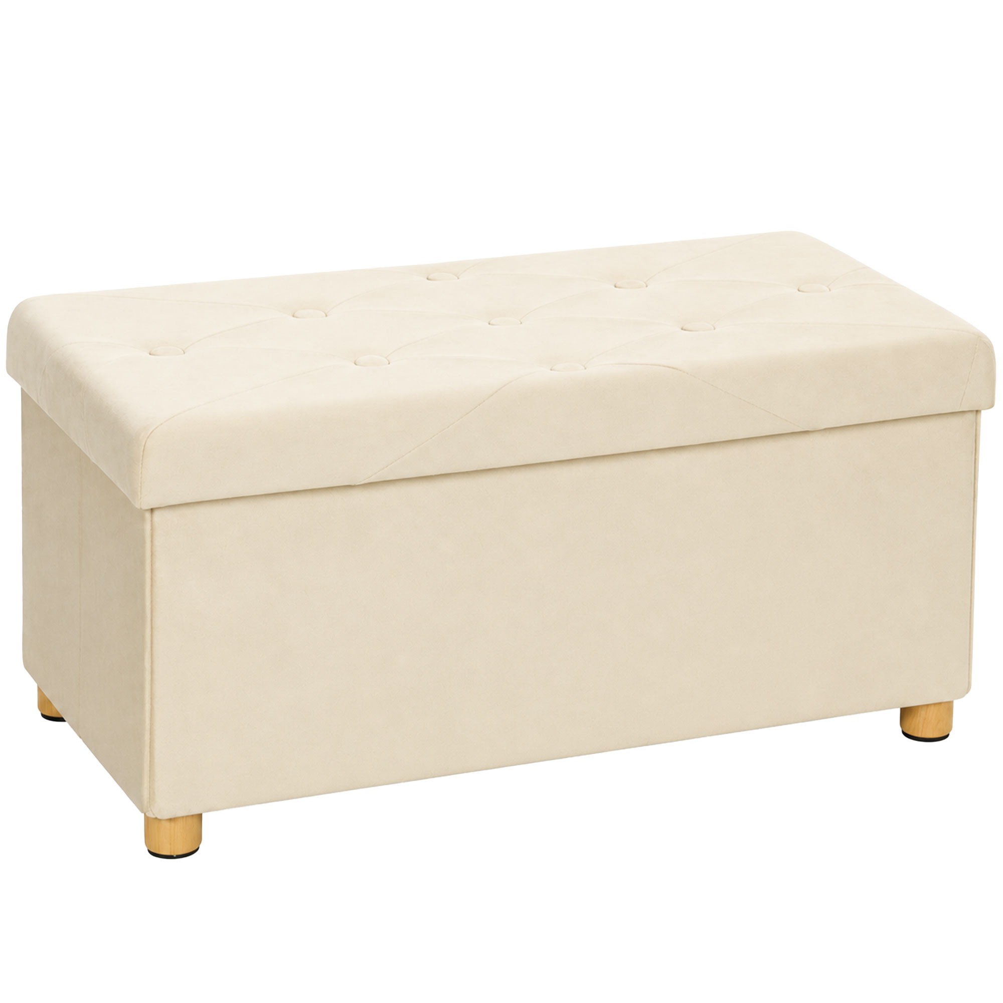 LICHFIELD Foldable Velvet Storage Ottoman Bench and Footrest with Wood Legs - Cream White