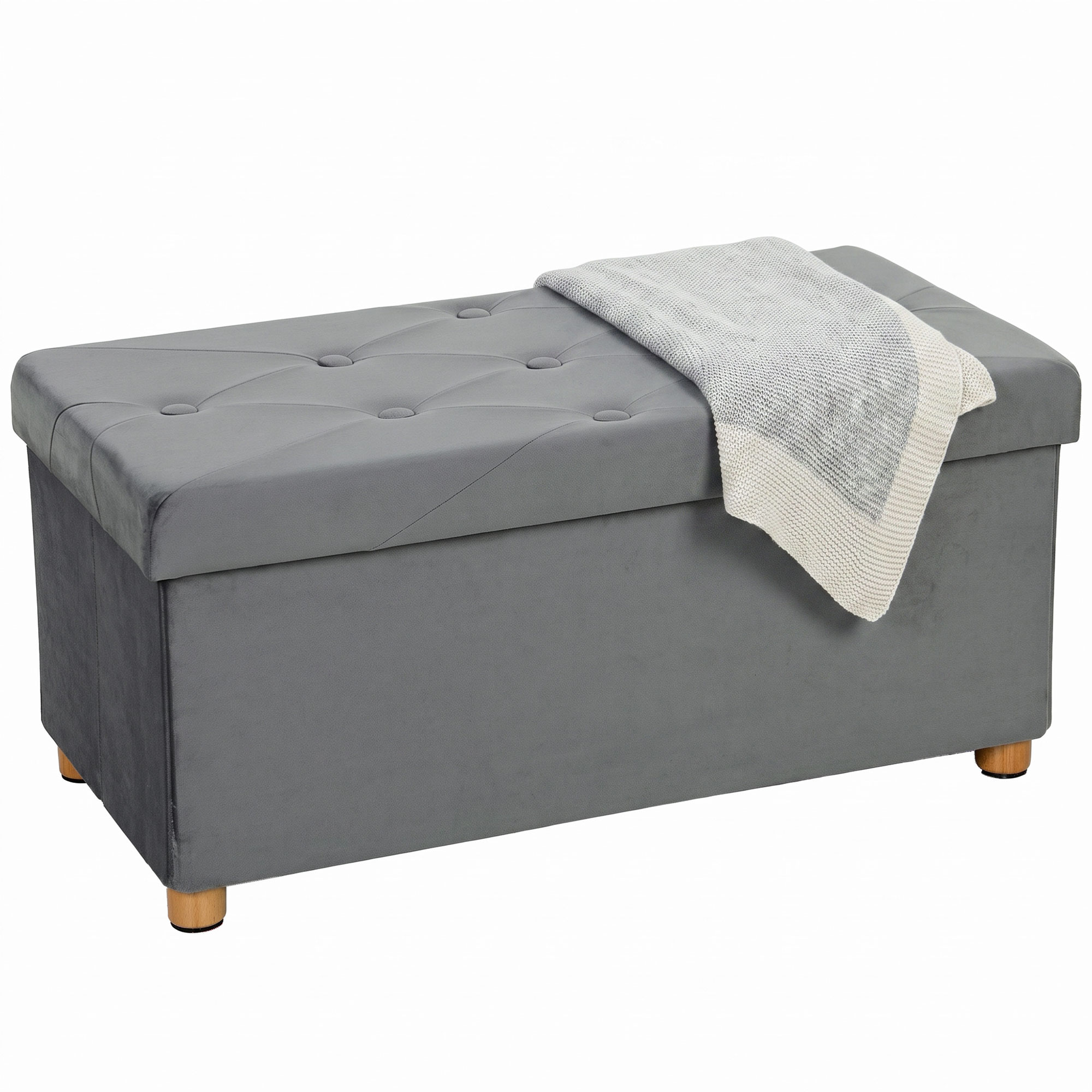 LICHFIELD Foldable Velvet Storage Ottoman Bench and Footrest with Wood Legs - Grey