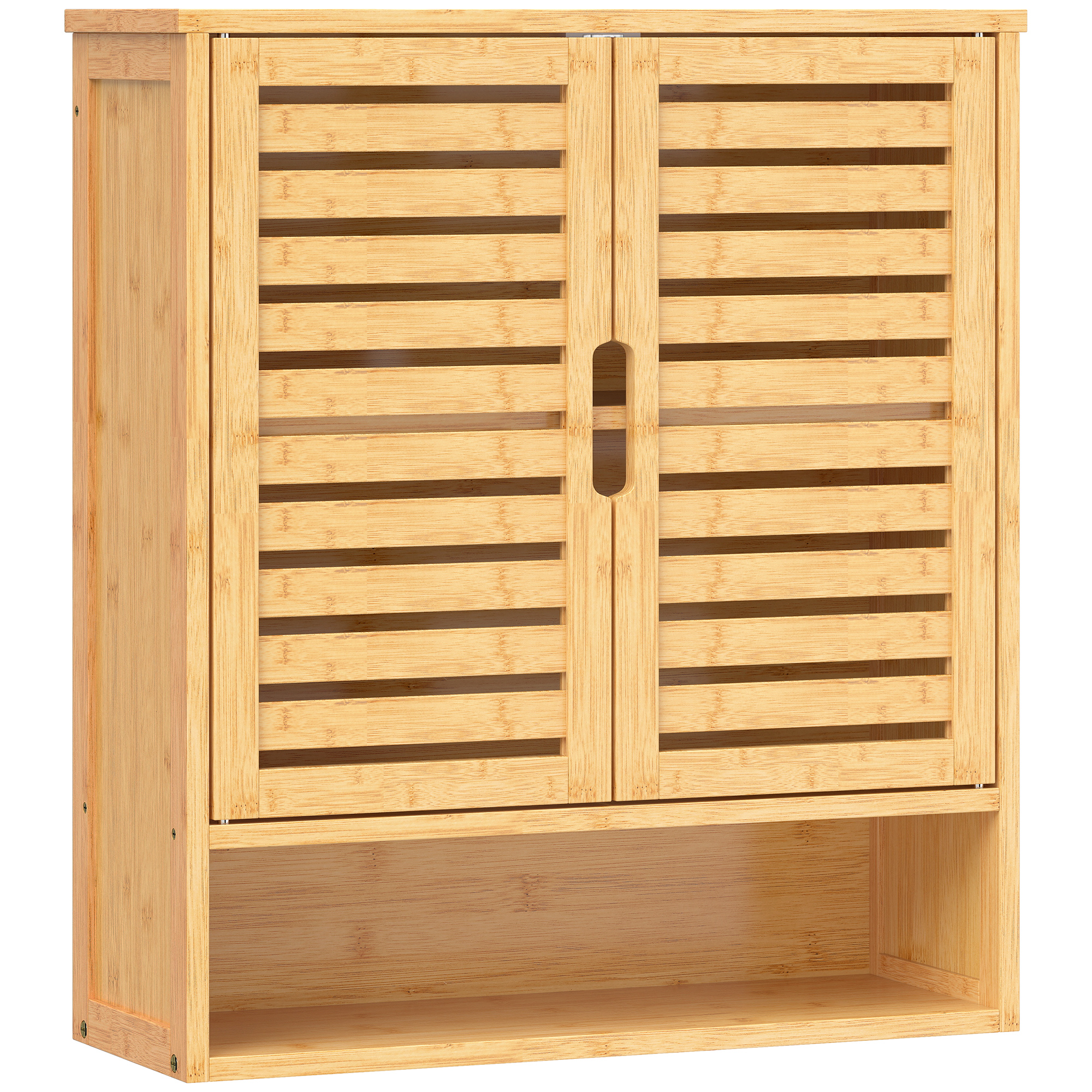 HIGHBURY Bathroom Wall Cabinet with 2 Louvered Doors, Open Shelf and Adjustable Shelf - Oak