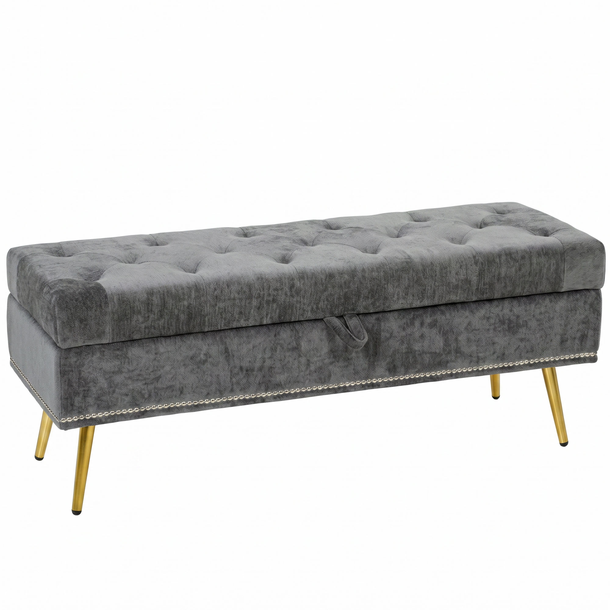 WORCESTER 114 cm Chenille Storage Ottoman with Padded Seat and Metal Legs - Grey