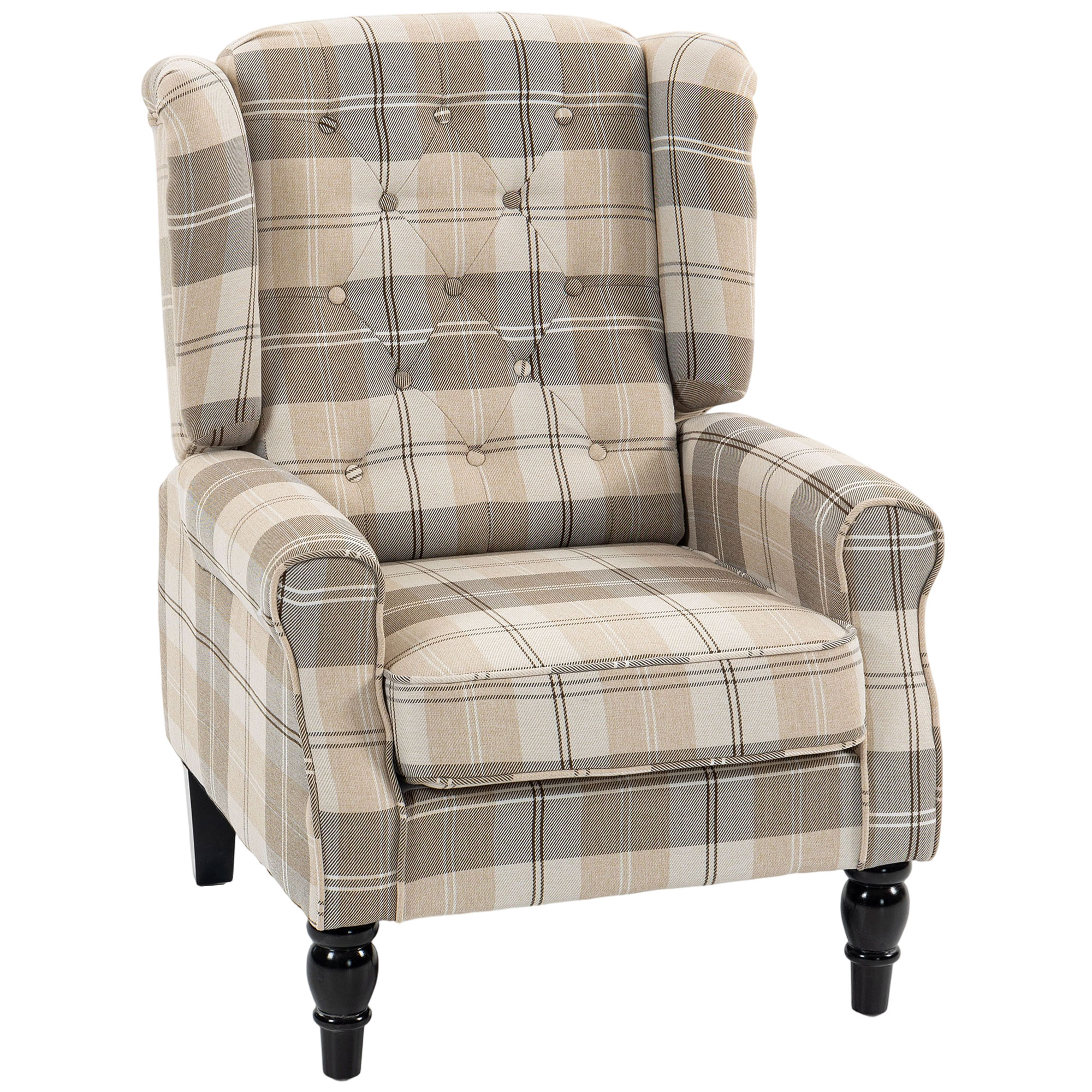 FYNTRA Linen Look Wingback Accent Armchair with High Back and Thick Spring Cushion - Khaki Plaid